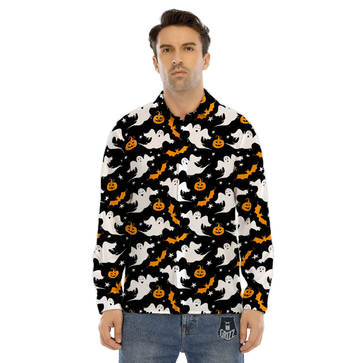 Ghost Halloween Print Pattern Men's Dress Shirts-grizzshop