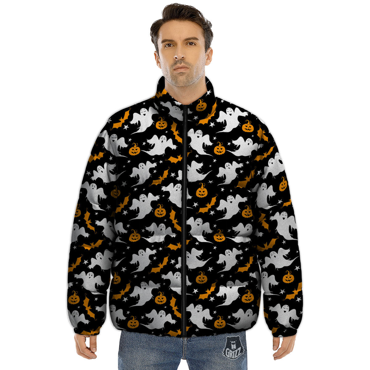 Ghost Halloween Print Pattern Puffer Jacket-grizzshop