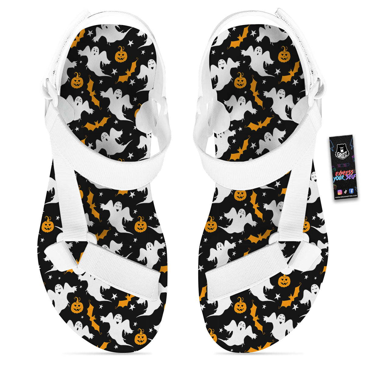 Ghost Halloween Print Pattern White Open Toe Sandals-grizzshop