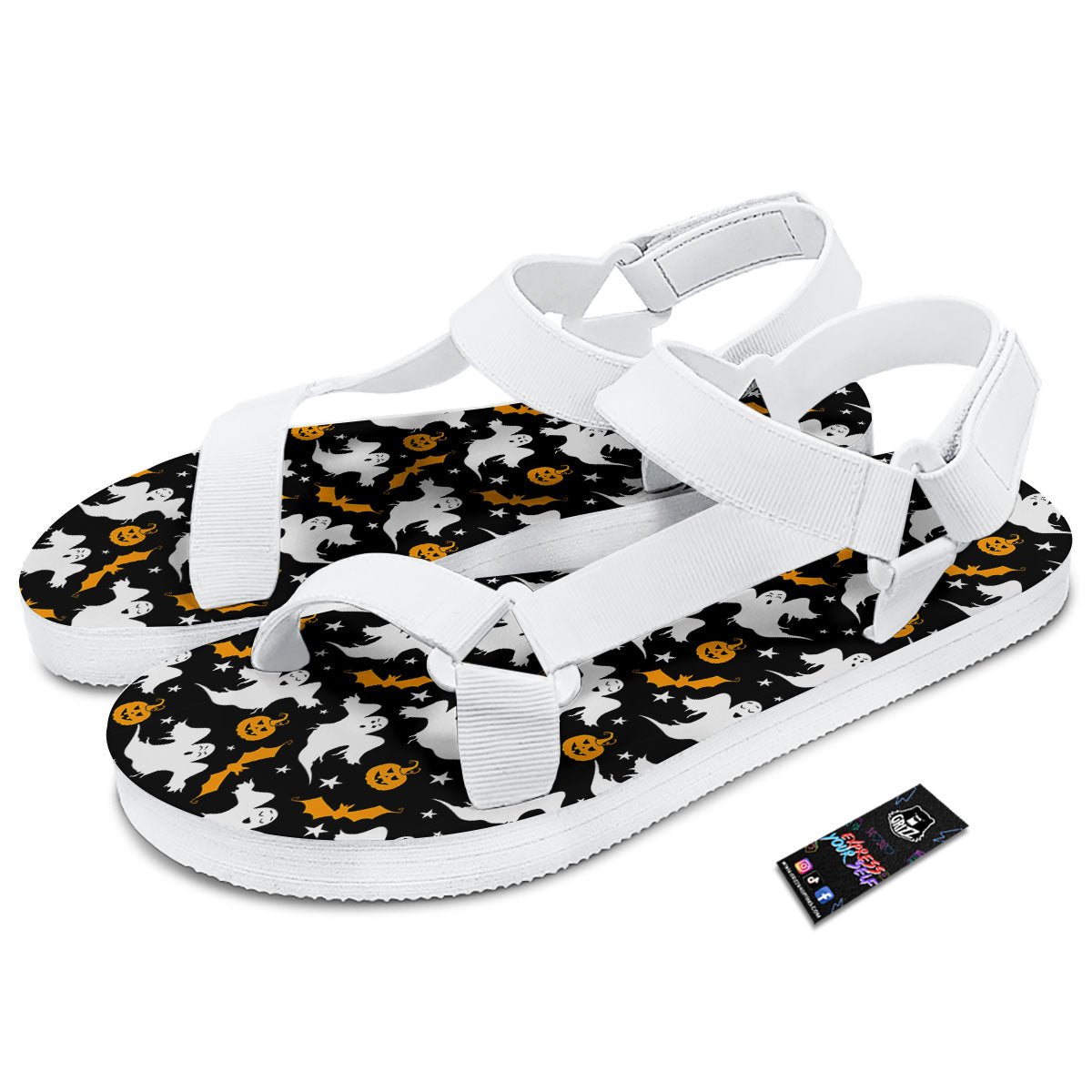 Ghost Halloween Print Pattern White Open Toe Sandals-grizzshop
