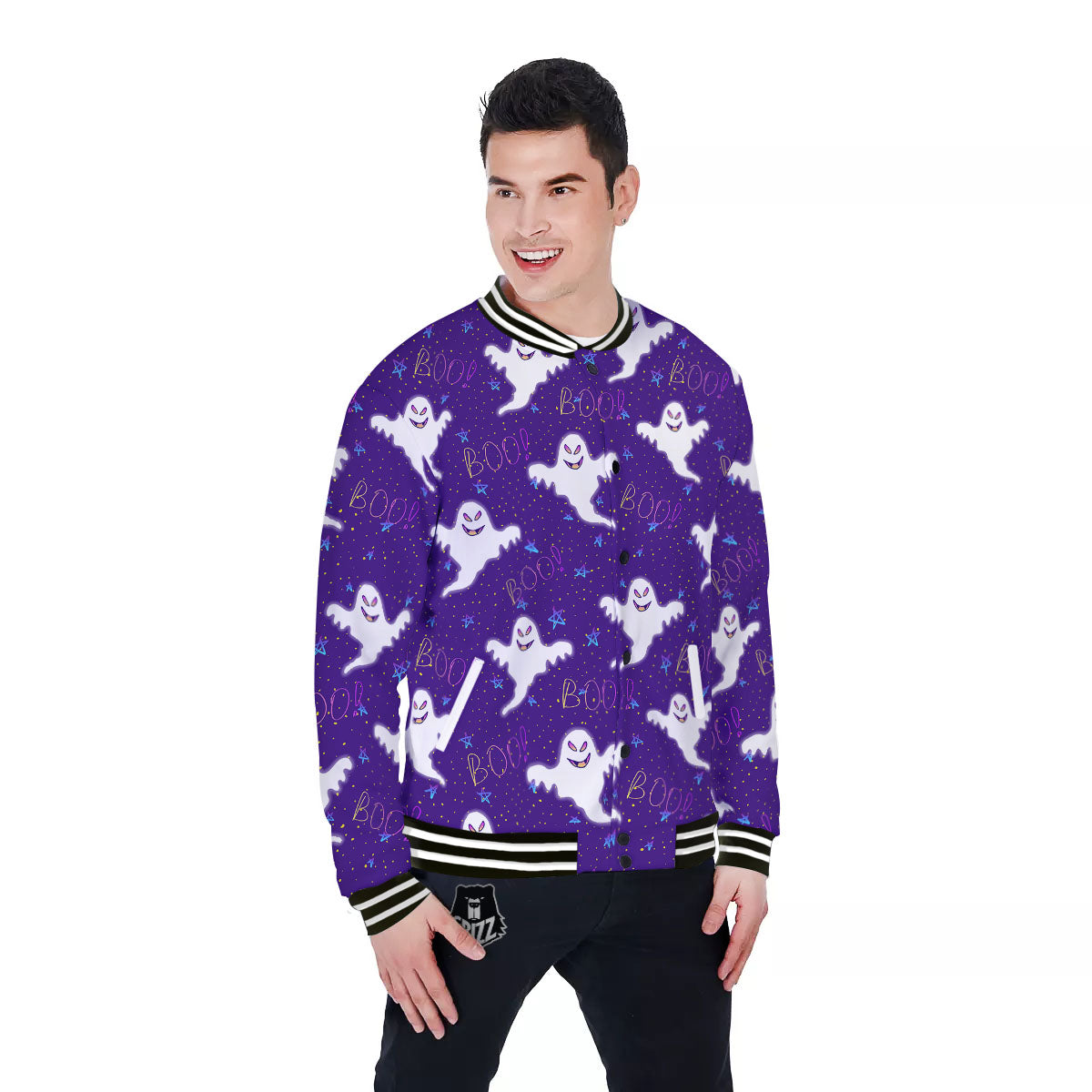 Ghost Happy Halloween Print Pattern Baseball Jacket-grizzshop