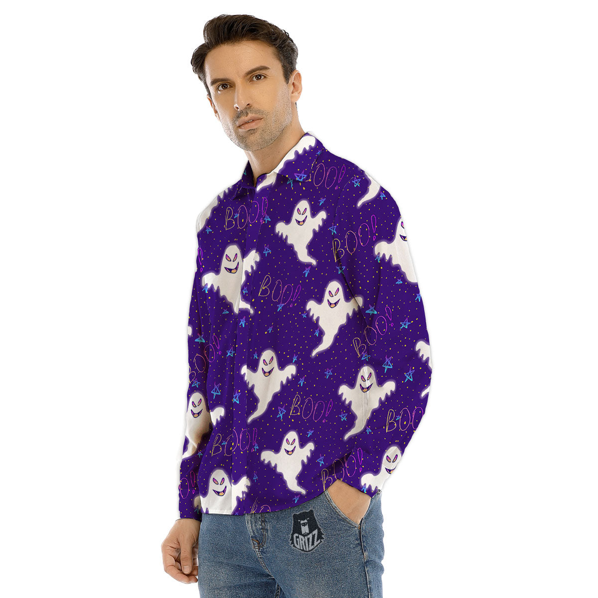 Ghost Happy Halloween Print Pattern Men's Dress Shirts-grizzshop