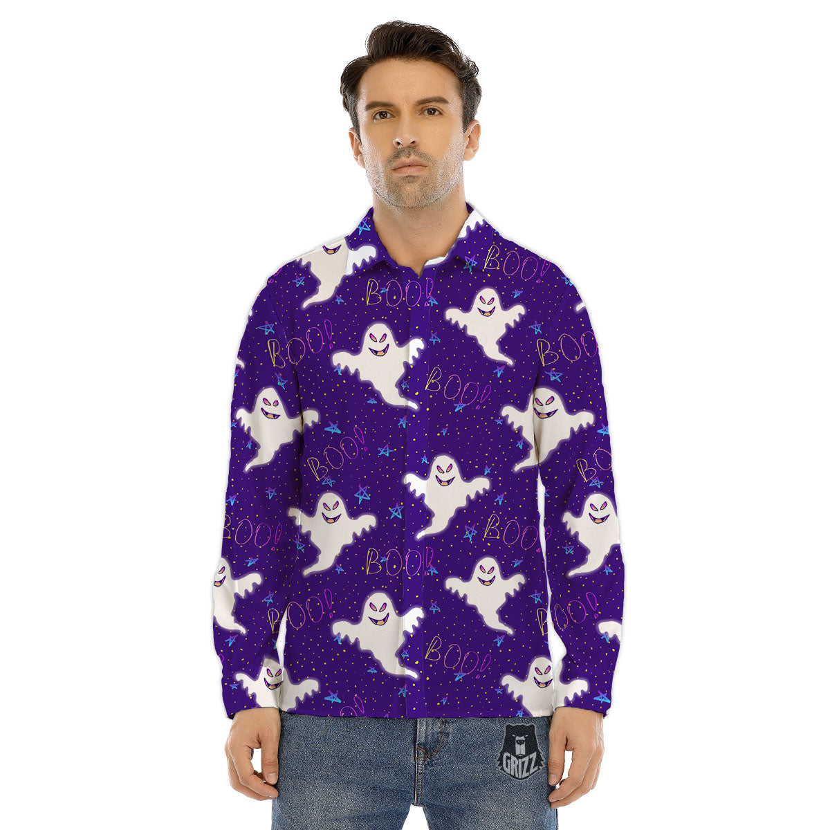 Ghost Happy Halloween Print Pattern Men's Dress Shirts-grizzshop