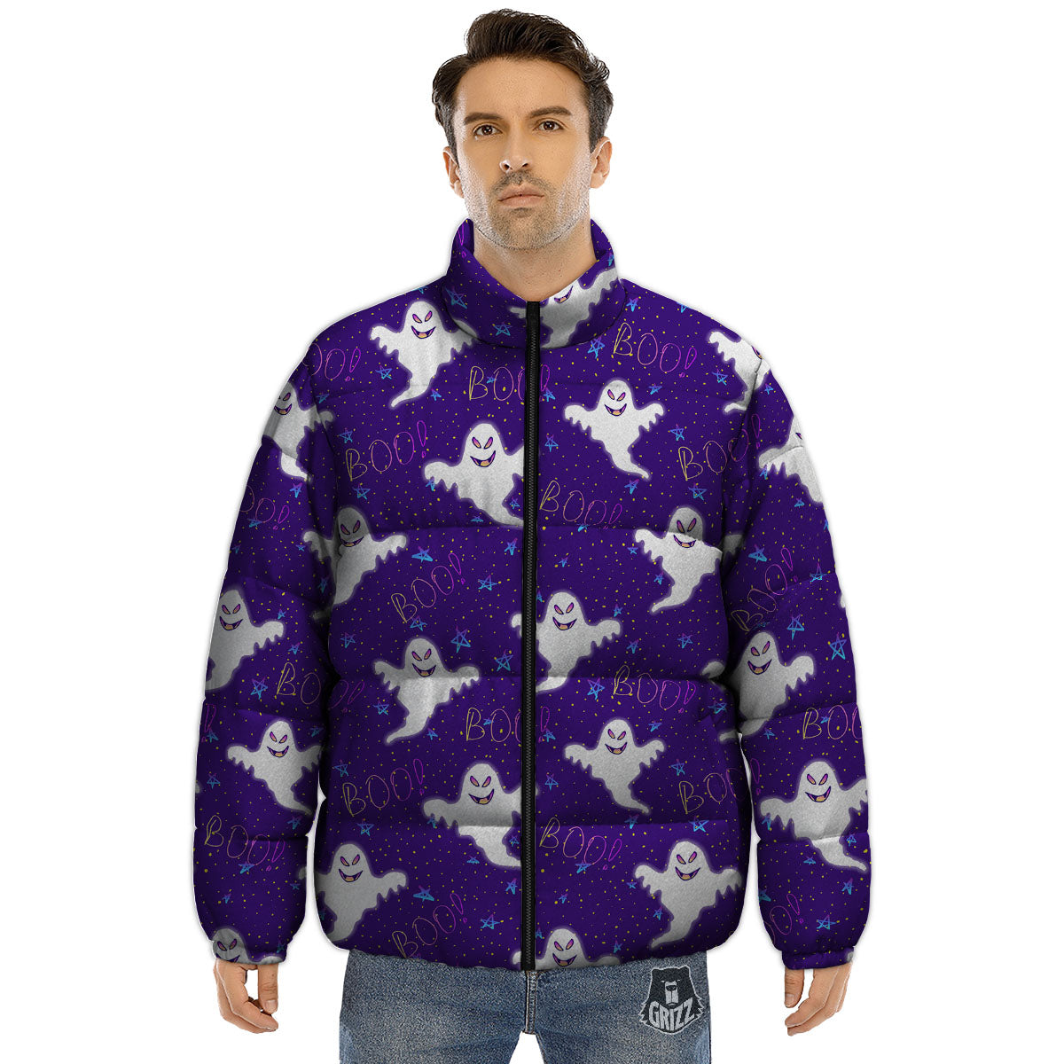 Ghost Happy Halloween Print Pattern Puffer Jacket-grizzshop