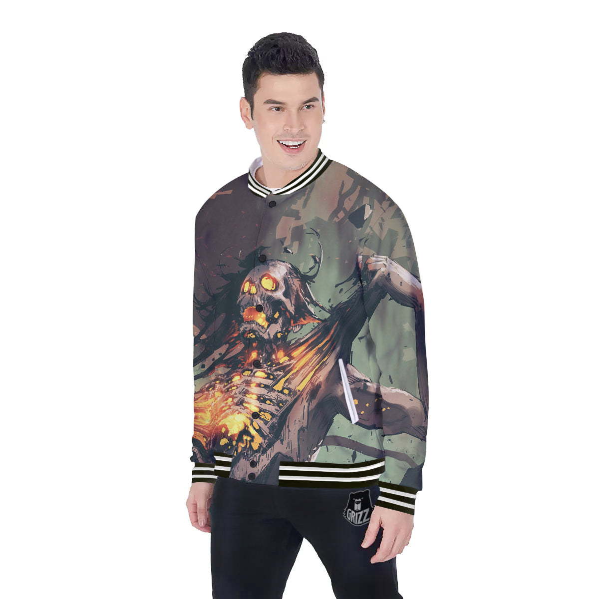 Ghost Skeleton Print Baseball Jacket-grizzshop
