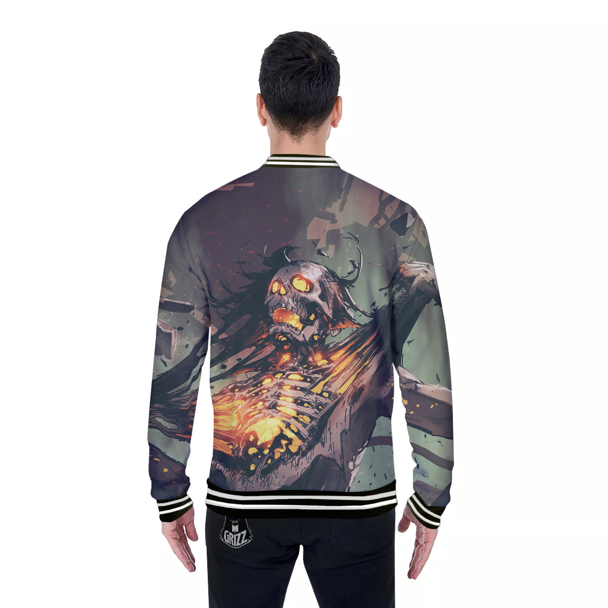 Ghost Skeleton Print Baseball Jacket-grizzshop
