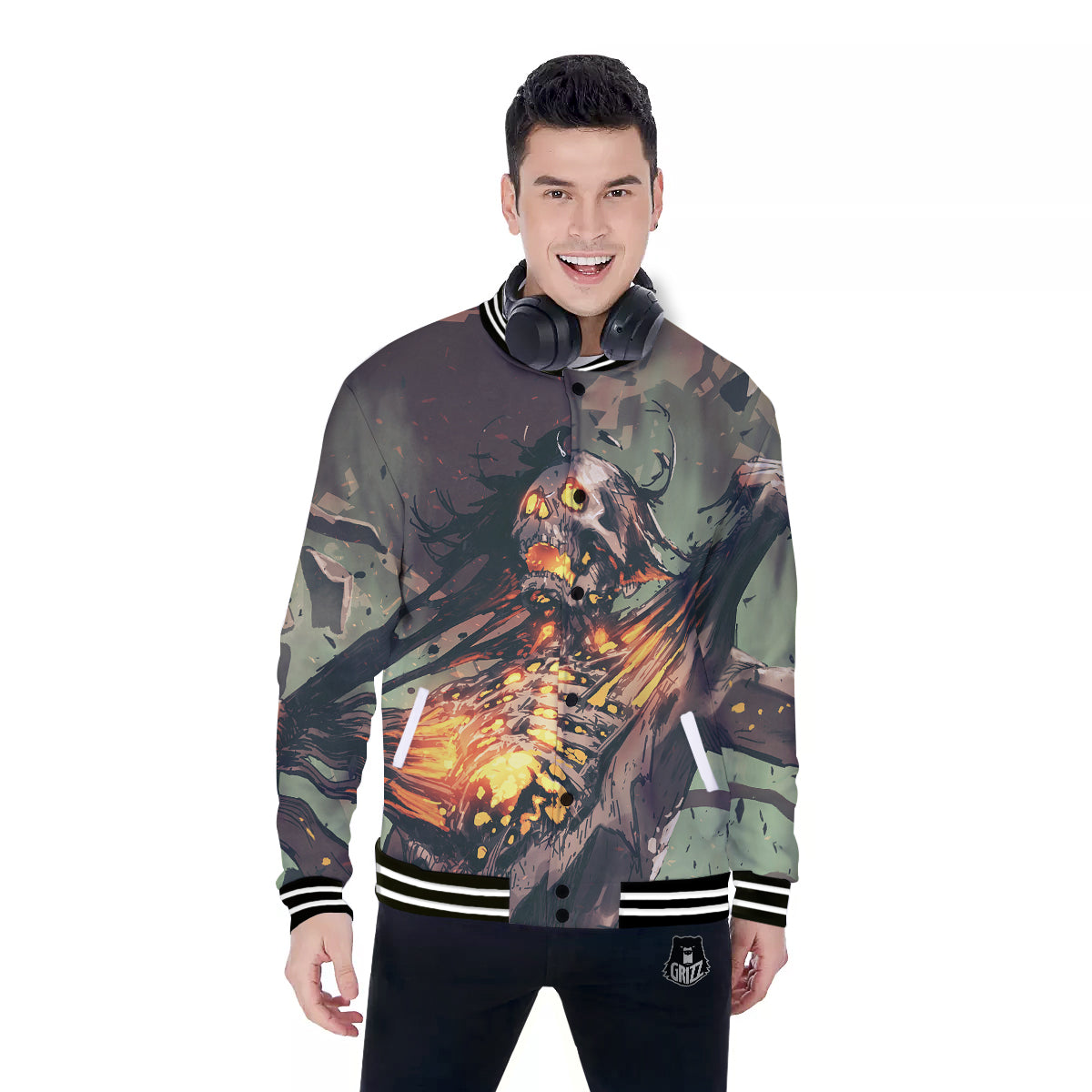 Ghost Skeleton Print Baseball Jacket-grizzshop