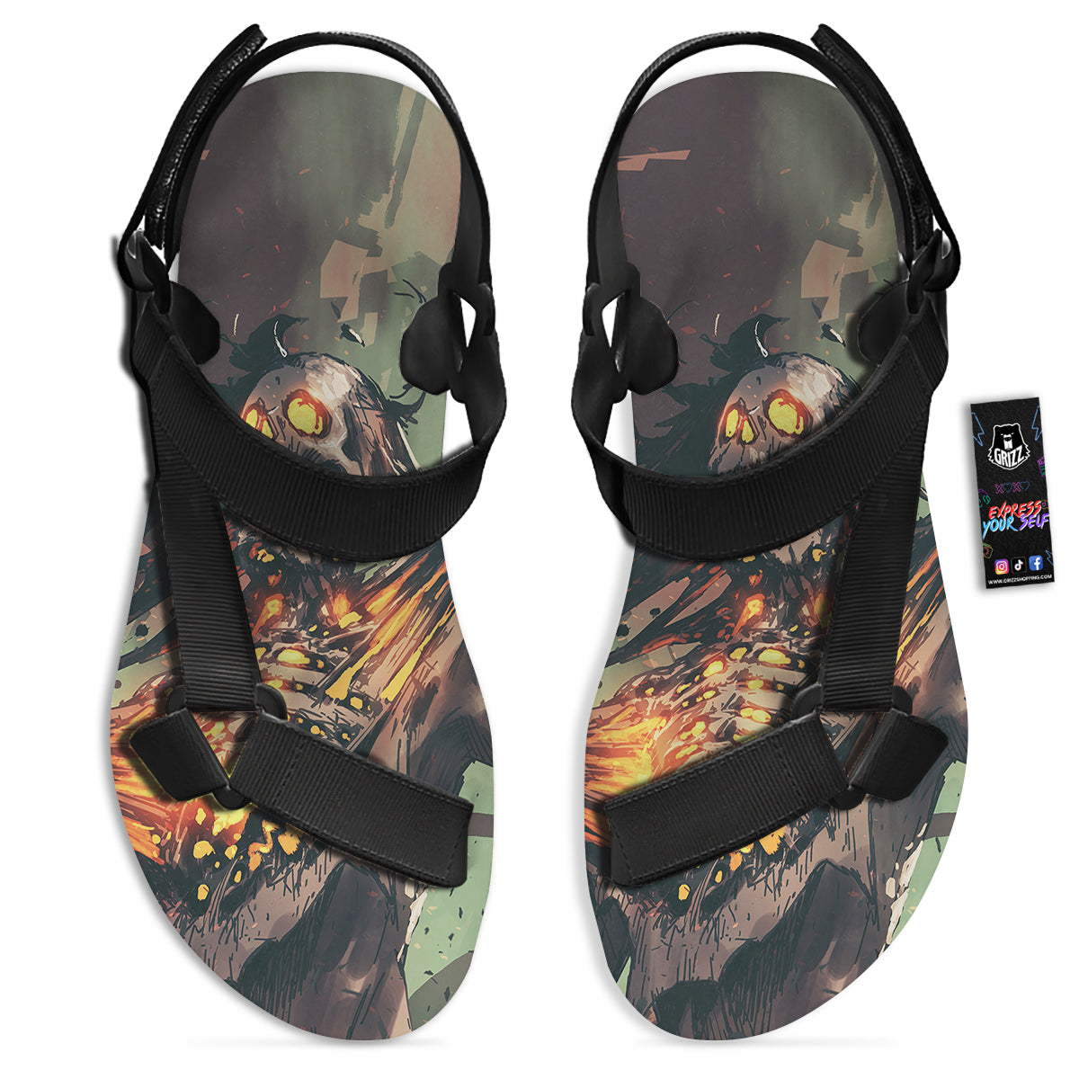 Ghost Skeleton Print Black Open Toe Sandals-grizzshop