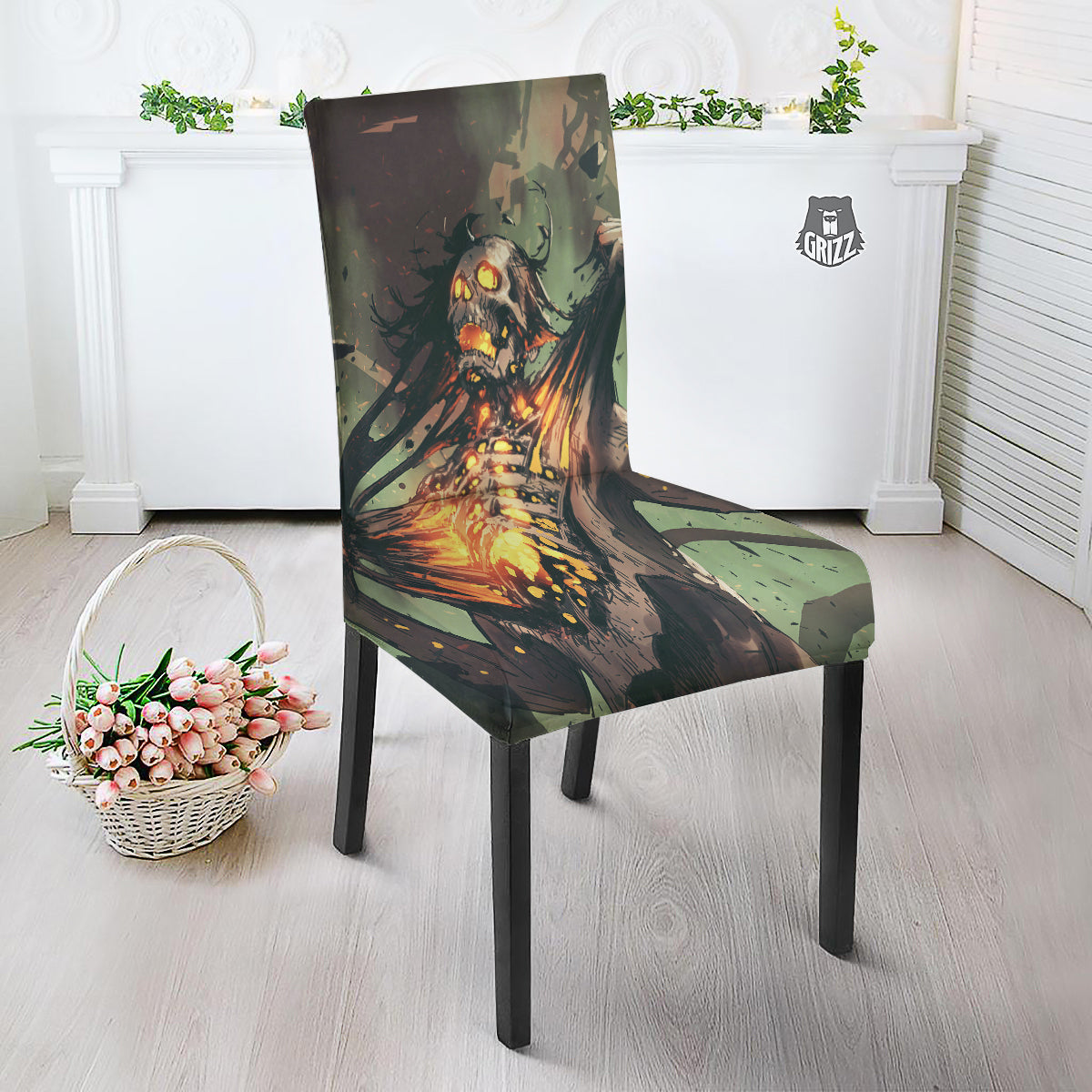 Ghost Skeleton Print Dining Chair Slipcover-grizzshop
