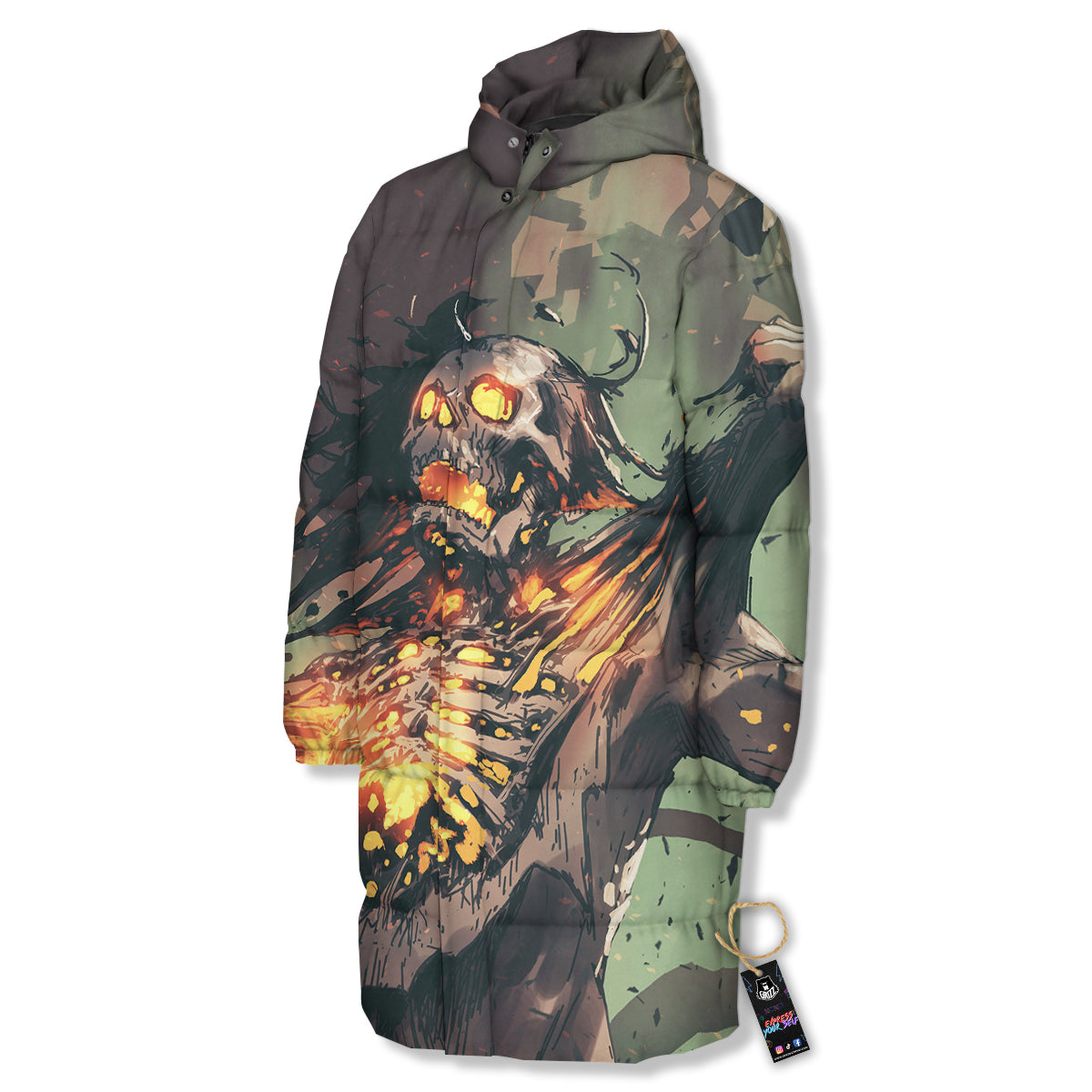 Ghost Skeleton Print Long Down Jacket-grizzshop