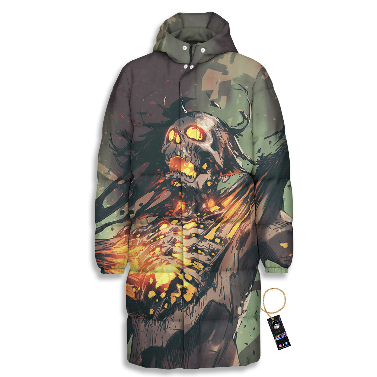 Ghost Skeleton Print Long Down Jacket-grizzshop