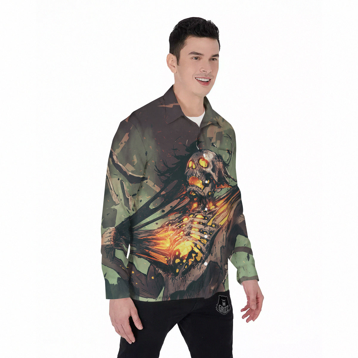 Ghost Skeleton Print Men's Long Sleeve Shirts-grizzshop