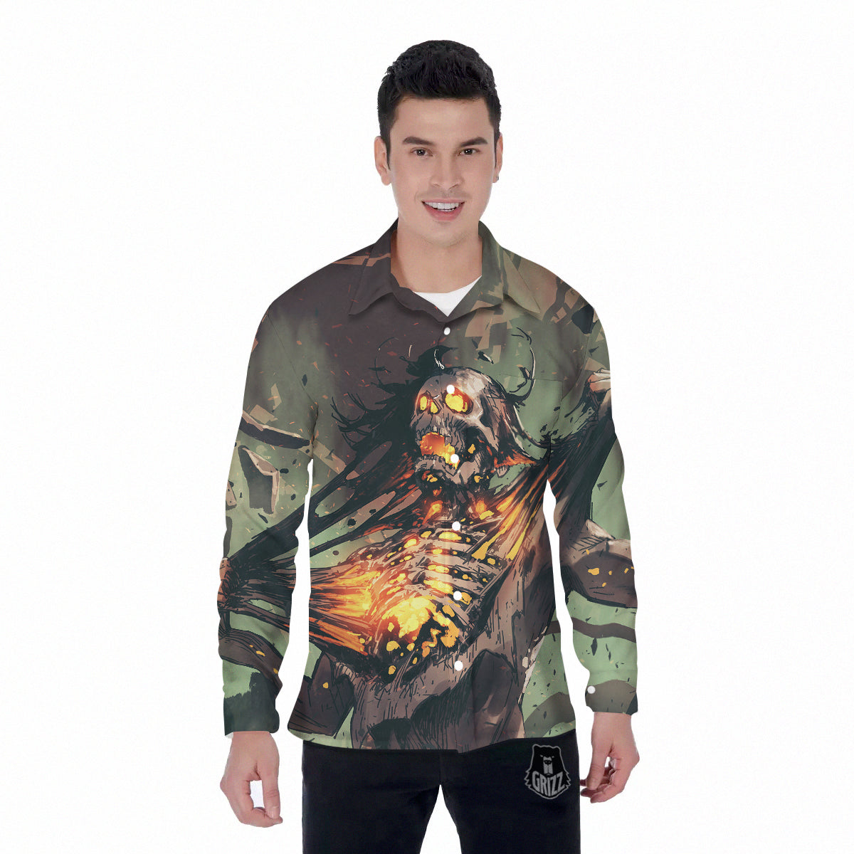 Ghost Skeleton Print Men's Long Sleeve Shirts-grizzshop