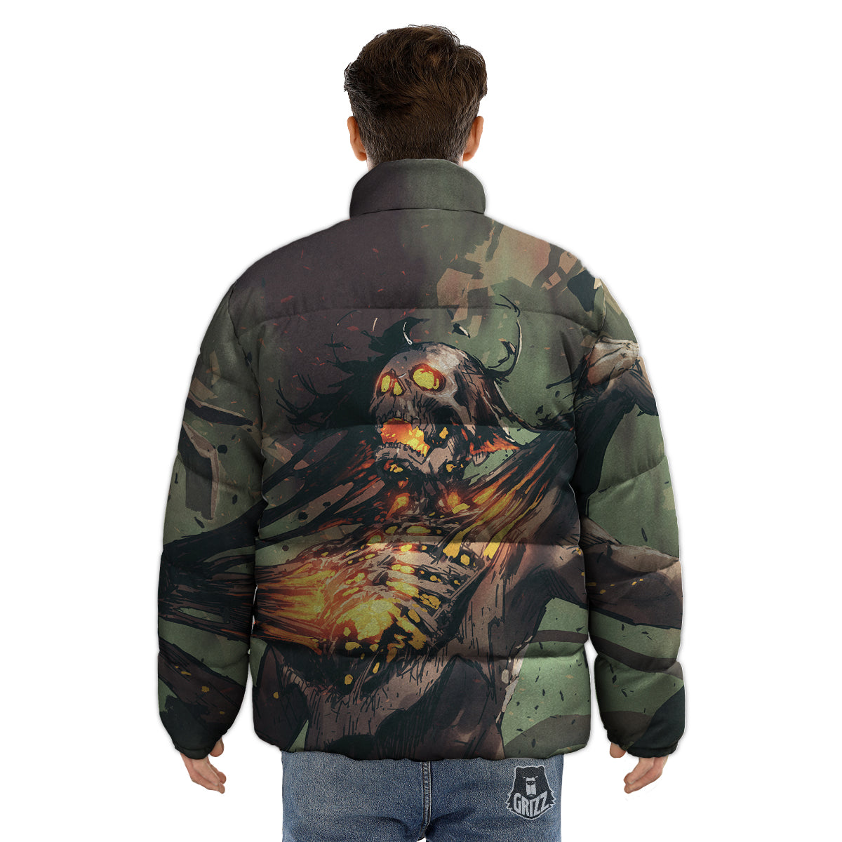 Ghost Skeleton Print Puffer Jacket-grizzshop