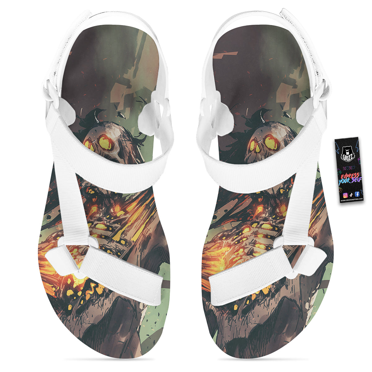 Ghost Skeleton Print White Open Toe Sandals-grizzshop