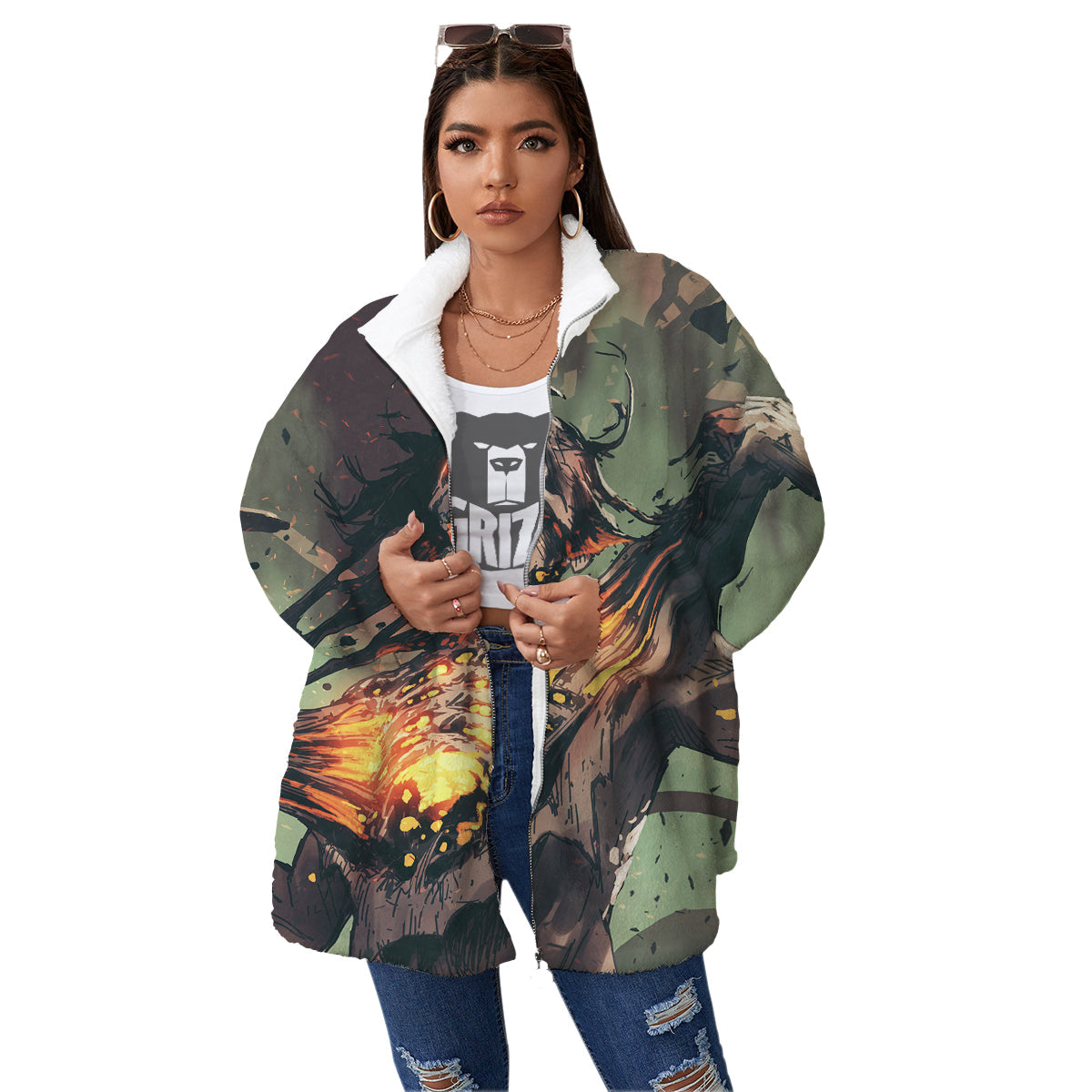 Ghost Skeleton Print Women's Sherpa Jacket-grizzshop