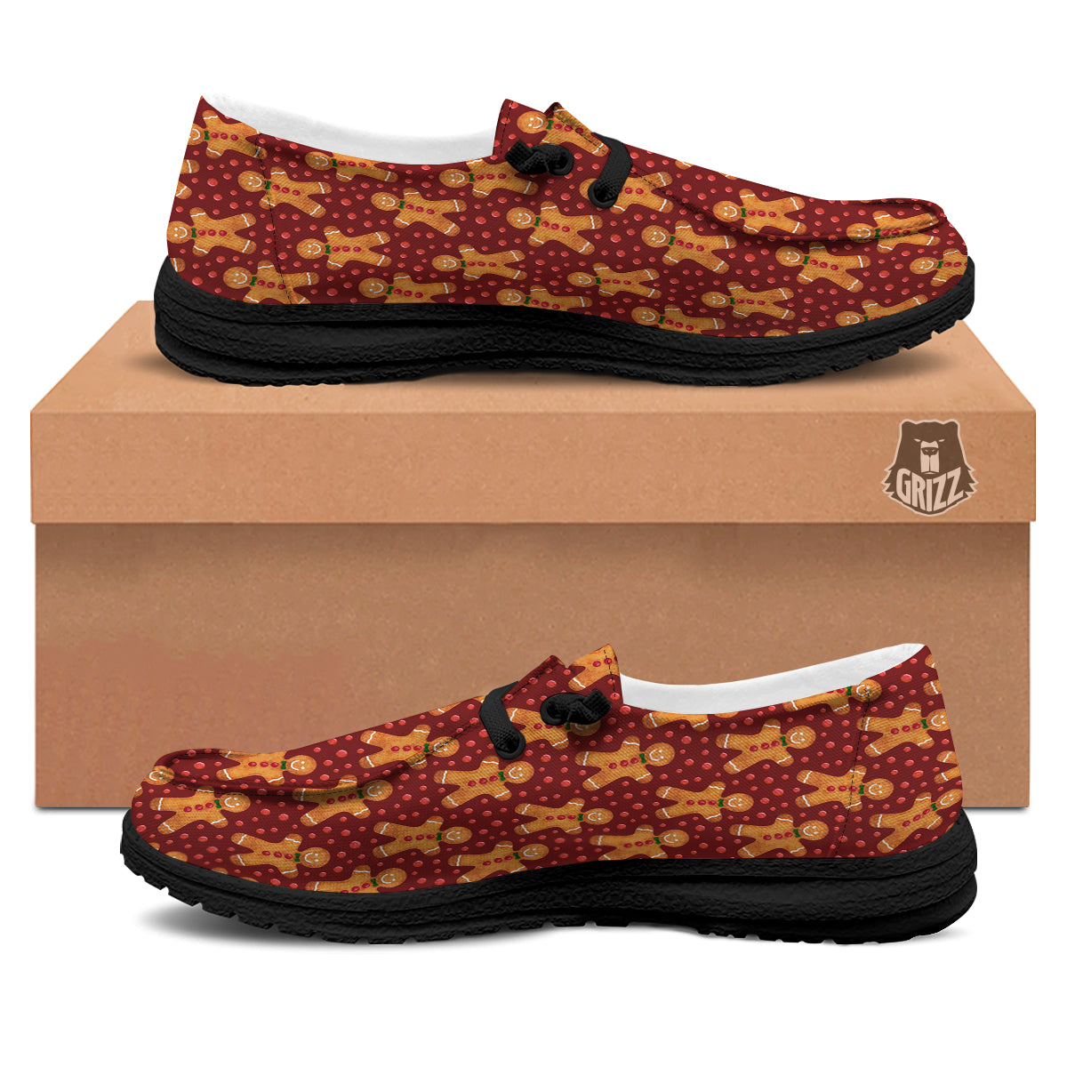 Gingerbread Brown Print Pattern Black Loafers-grizzshop