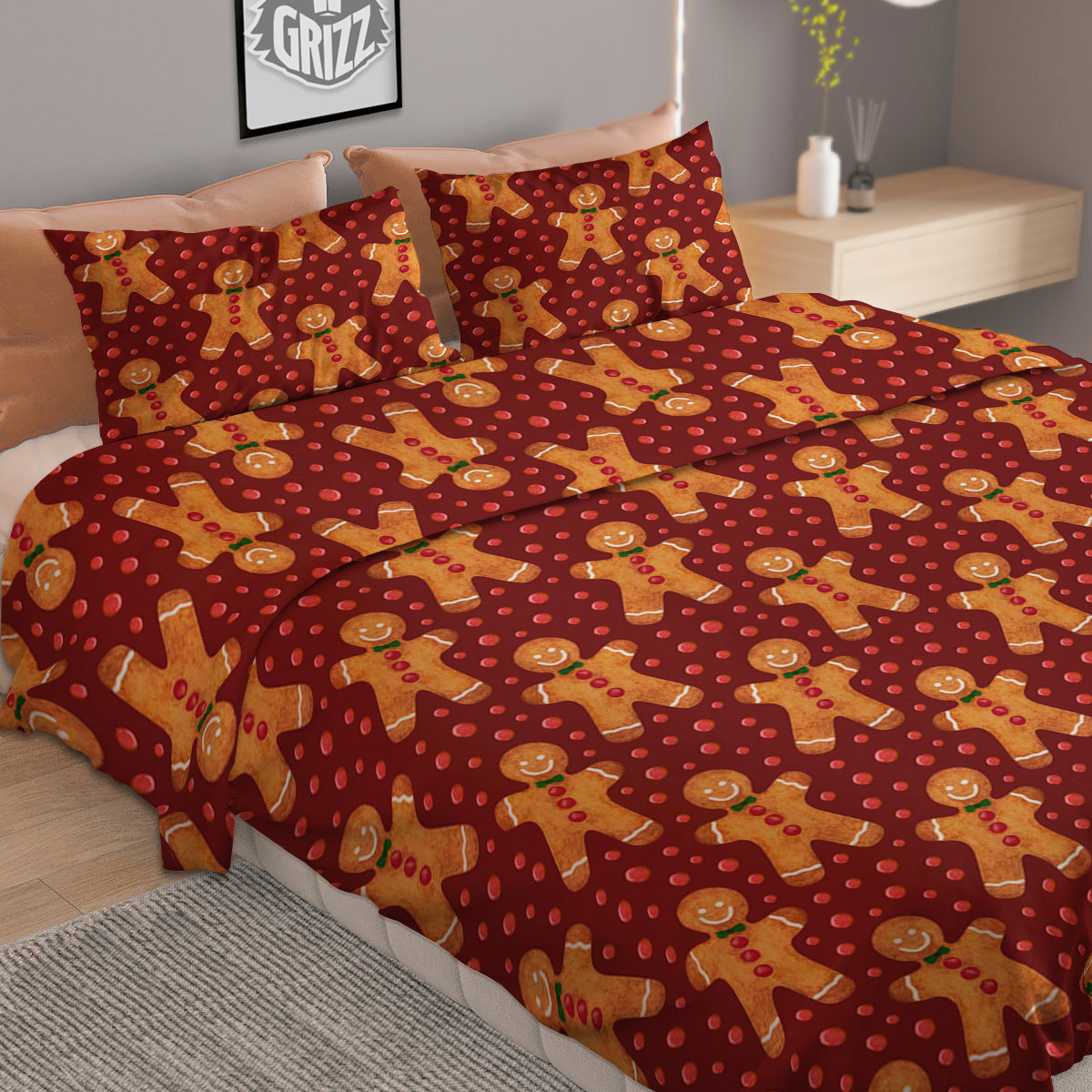 Gingerbread Brown Print Pattern Duvet Cover Bedding Set