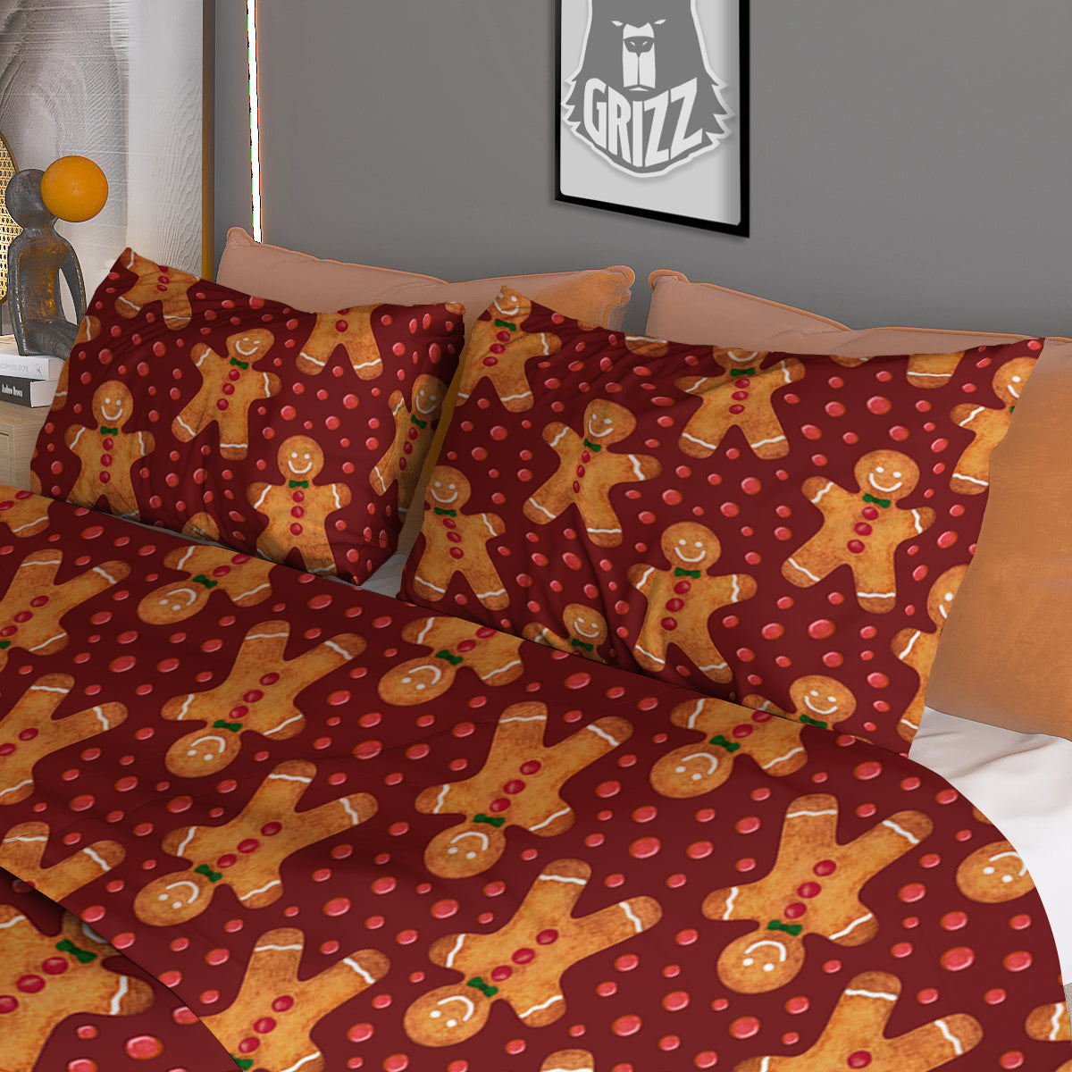 Gingerbread Brown Print Pattern Duvet Cover Bedding Set