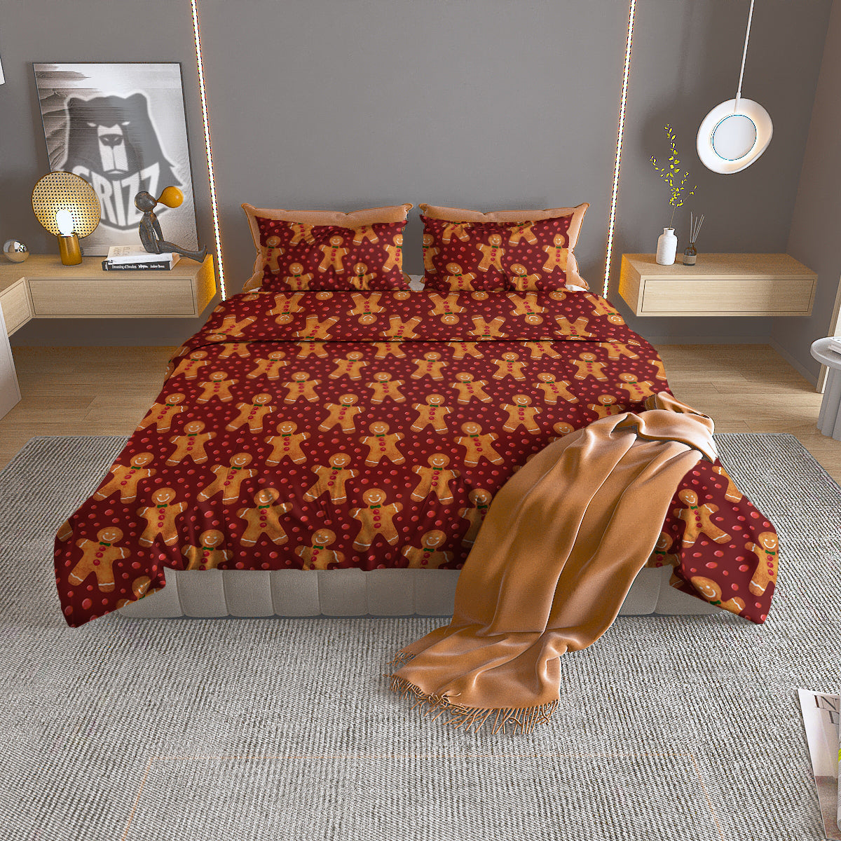 Gingerbread Brown Print Pattern Duvet Cover Bedding Set