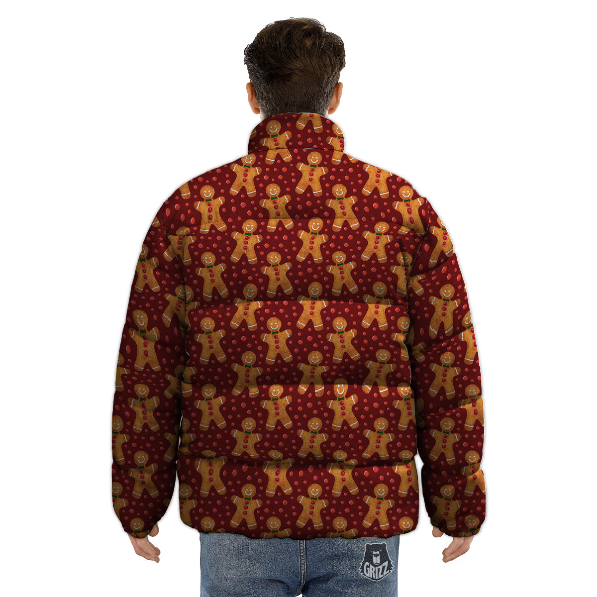 Gingerbread Brown Print Pattern Puffer Jacket-grizzshop