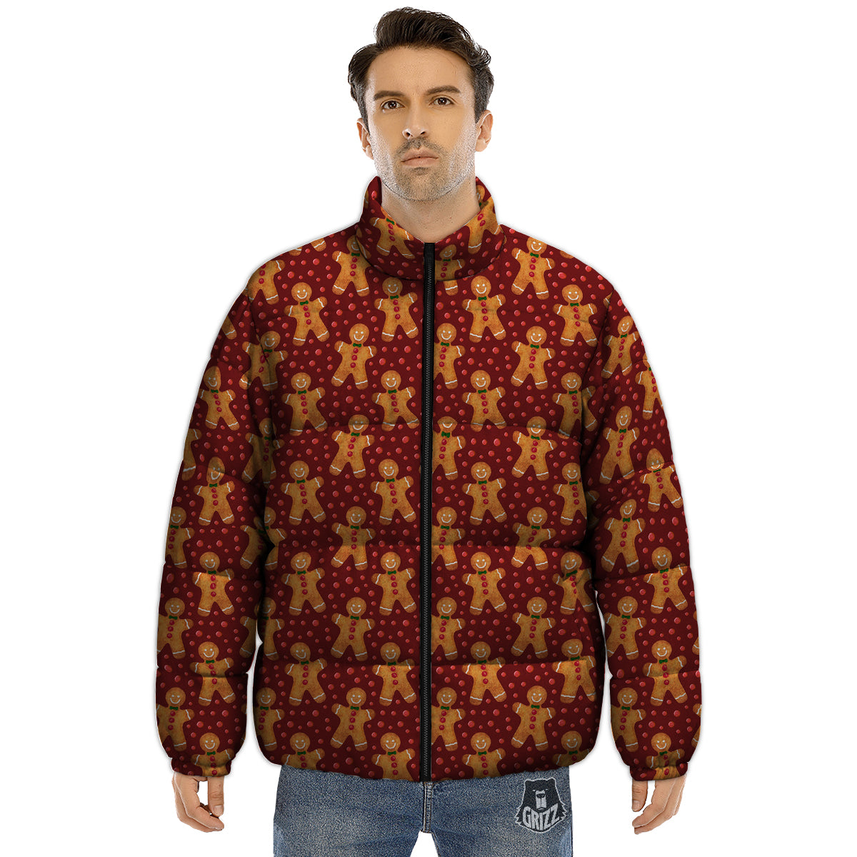 Gingerbread Brown Print Pattern Puffer Jacket-grizzshop