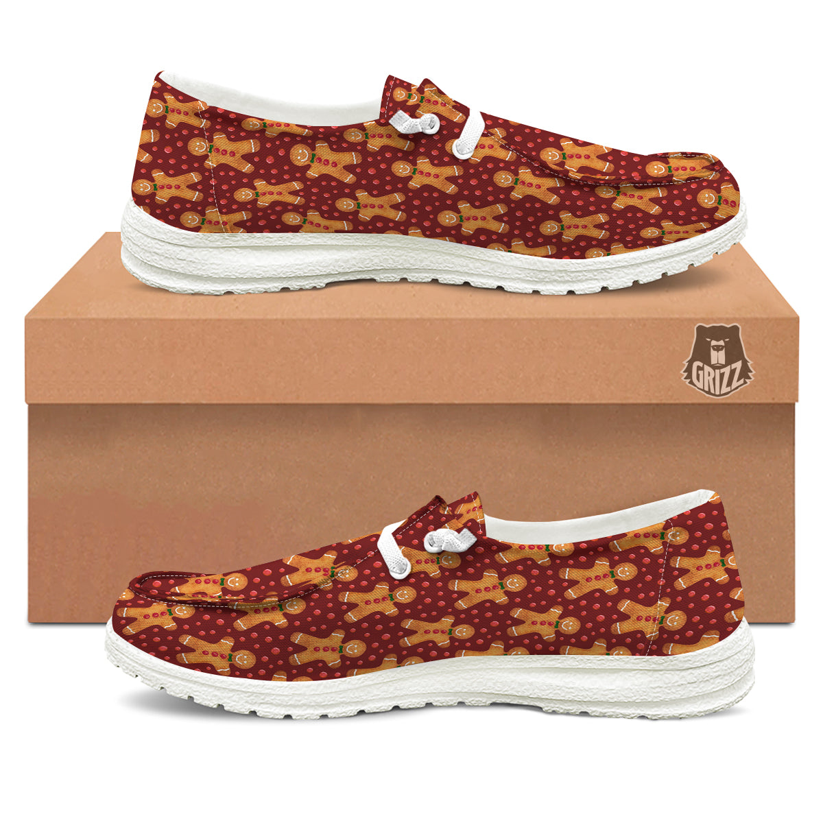 Gingerbread Brown Print Pattern White Loafers-grizzshop