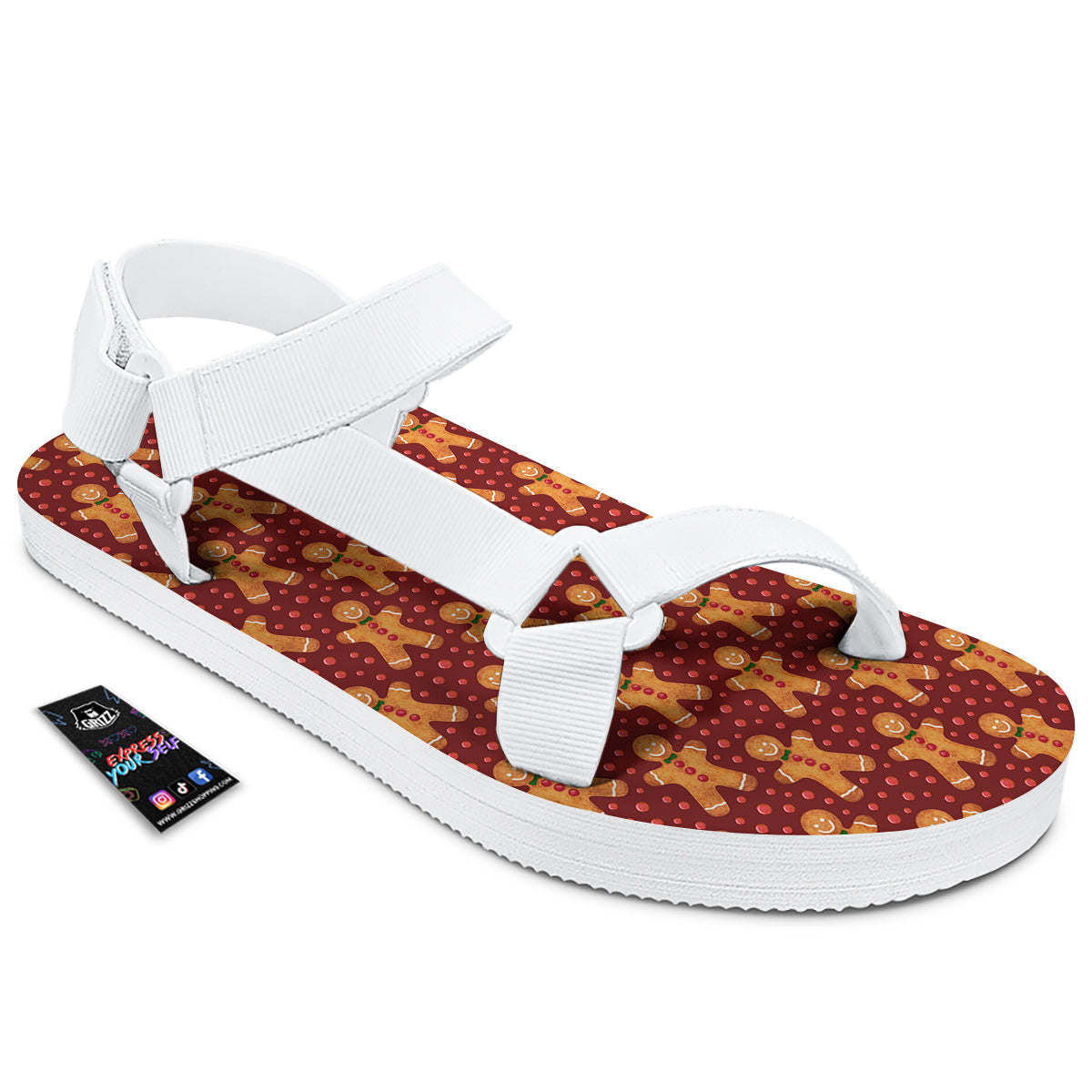 Gingerbread Brown Print Pattern White Open Toe Sandals-grizzshop
