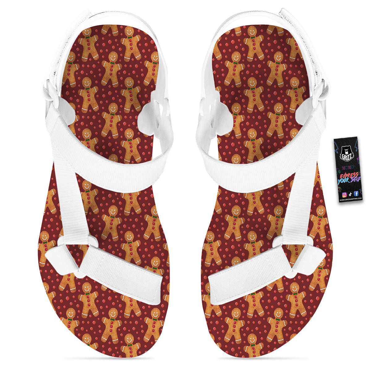 Gingerbread Brown Print Pattern White Open Toe Sandals-grizzshop