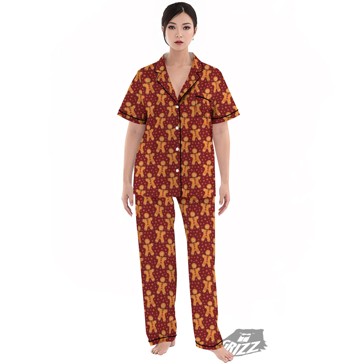Gingerbread Brown Print Pattern Women's Pajamas Set-grizzshop
