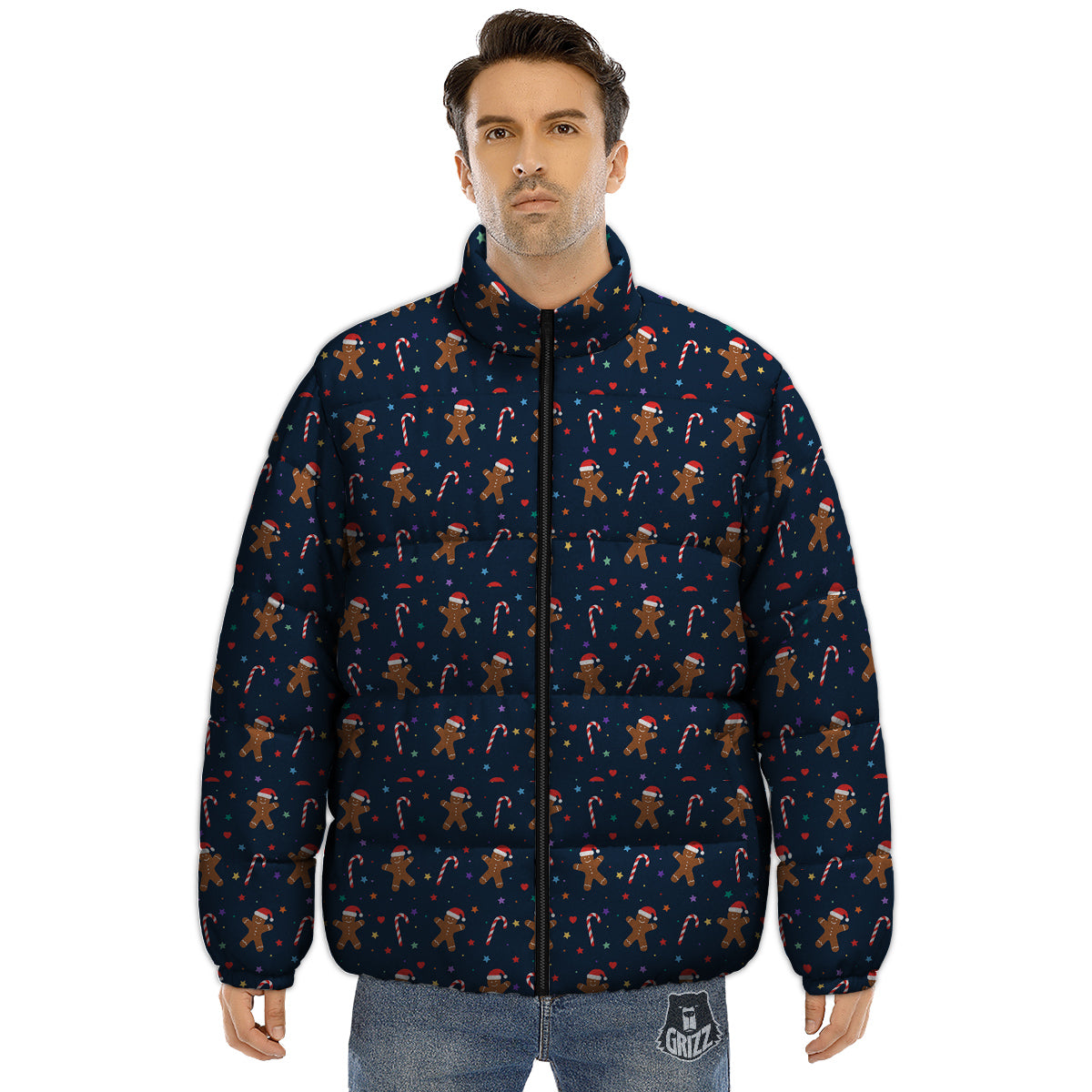 Gingerbread Christmas Print Pattern Puffer Jacket-grizzshop