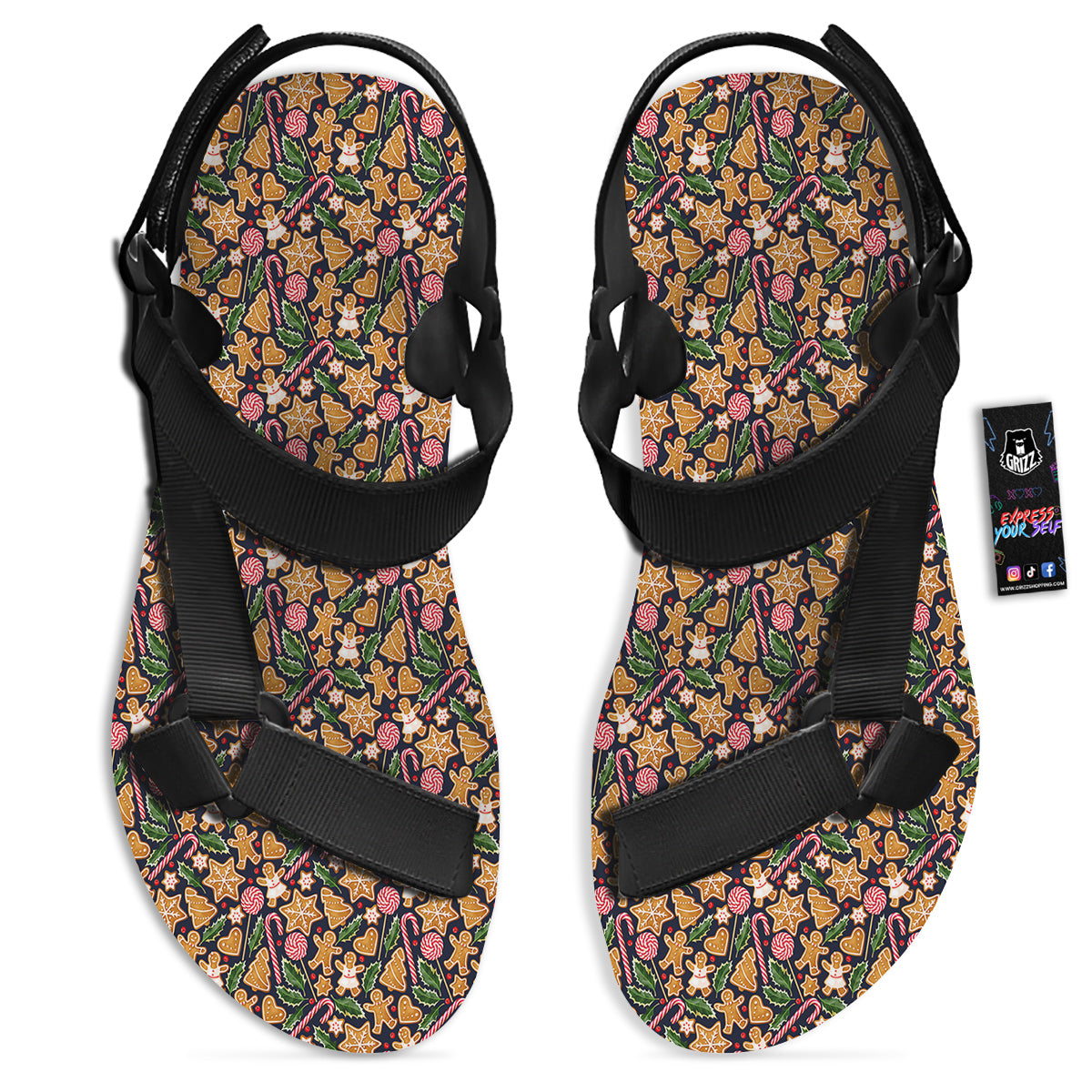 Gingerbread Cute Print Pattern Black Open Toe Sandals-grizzshop