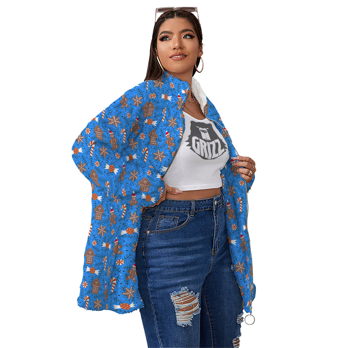 Gingerbread Man Christmas Print Pattern Women's Sherpa Jacket-grizzshop