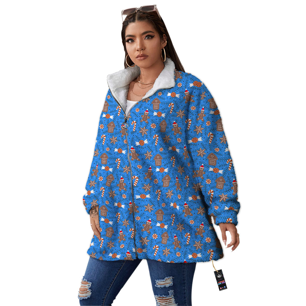 Gingerbread Man Christmas Print Pattern Women's Sherpa Jacket-grizzshop