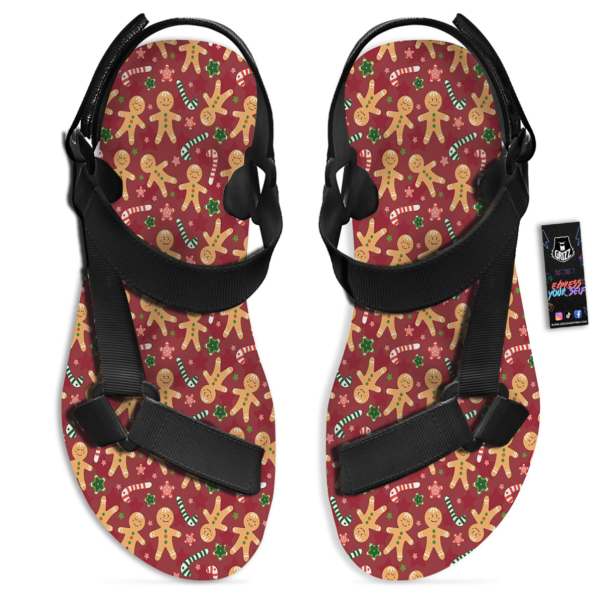 Gingerbread Man Cute Print Pattern Black Open Toe Sandals-grizzshop