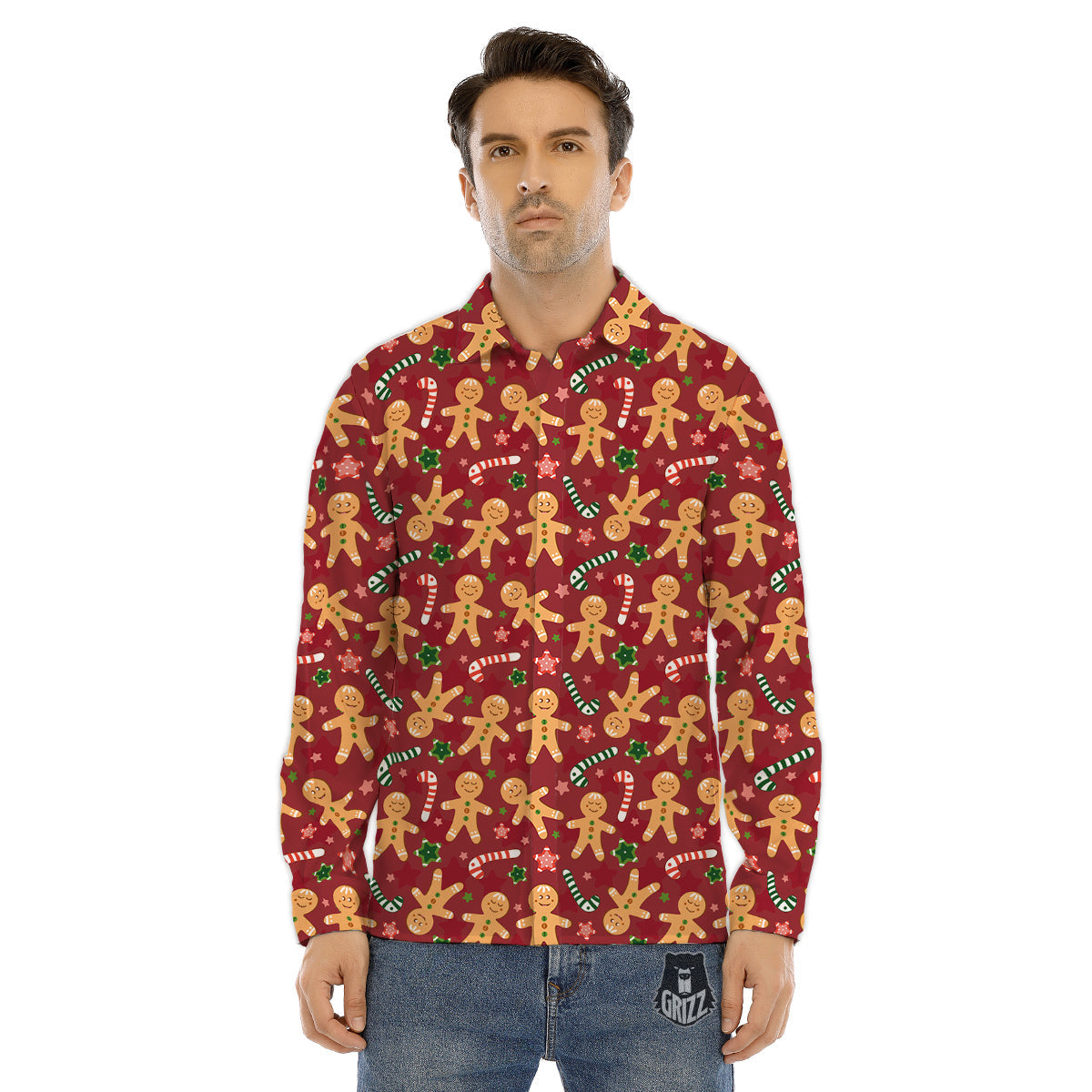 Gingerbread Man Cute Print Pattern Men's Dress Shirts-grizzshop