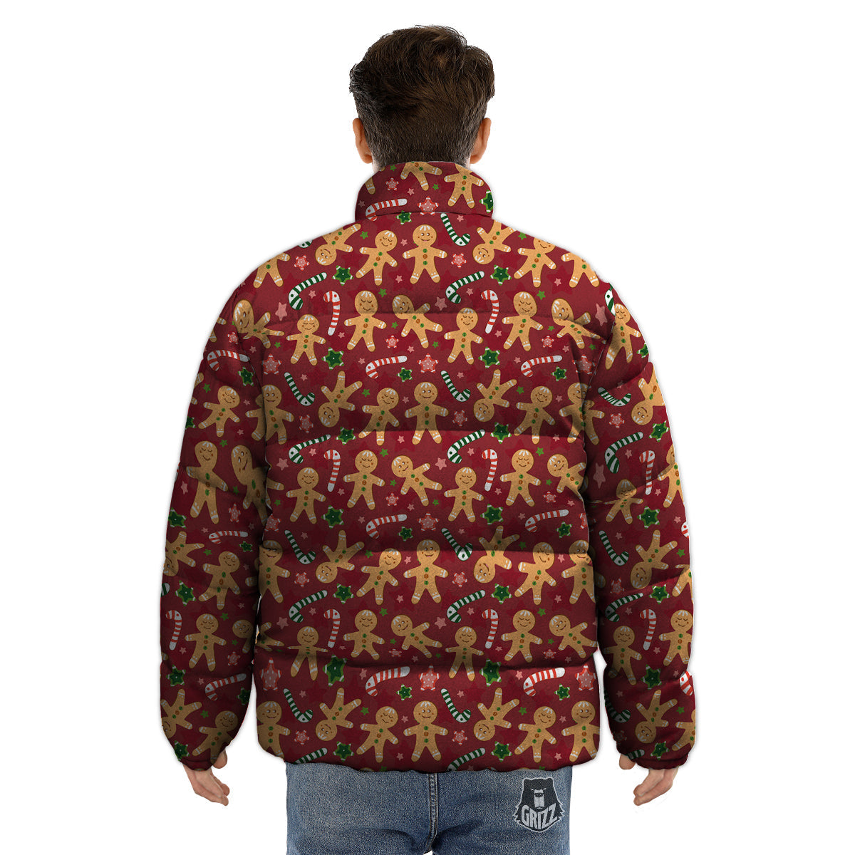 Gingerbread Man Cute Print Pattern Puffer Jacket-grizzshop