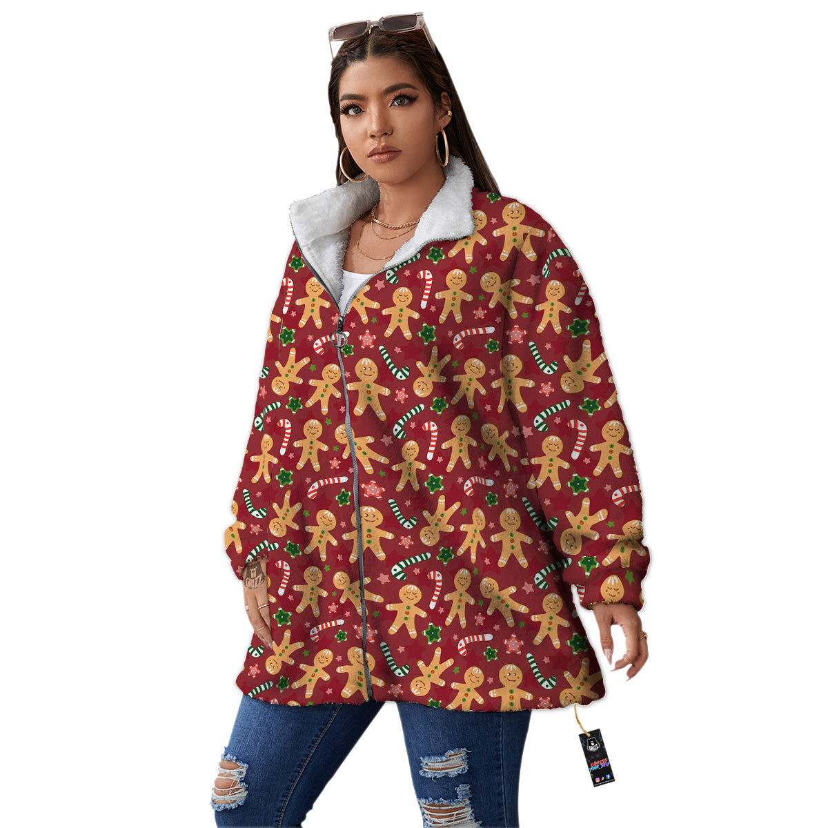 Gingerbread Man Cute Print Pattern Women's Sherpa Jacket-grizzshop