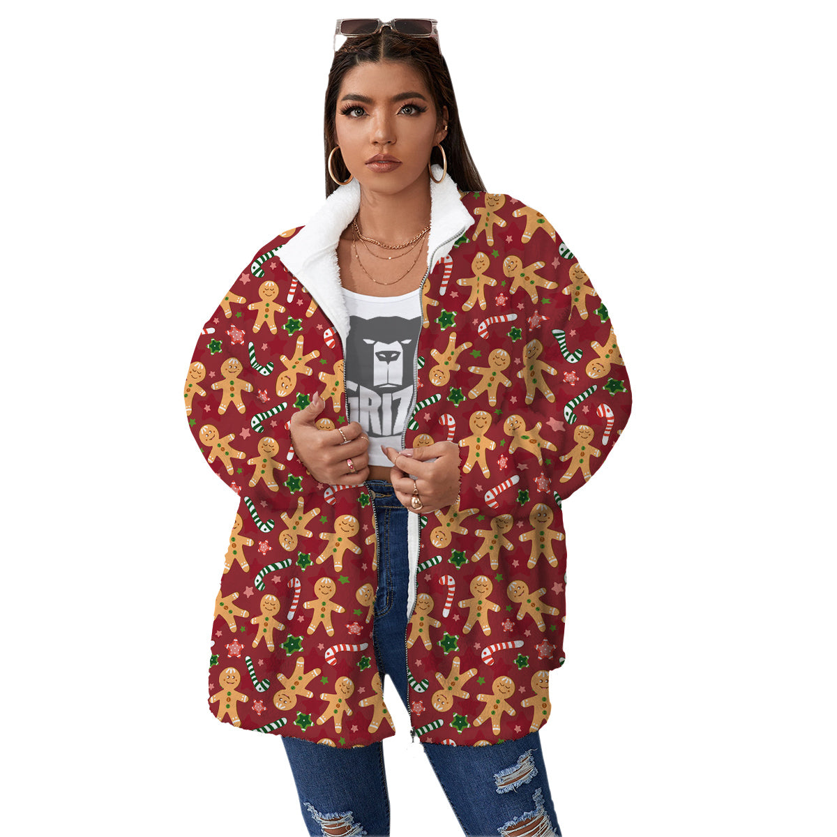 Gingerbread Man Cute Print Pattern Women's Sherpa Jacket-grizzshop
