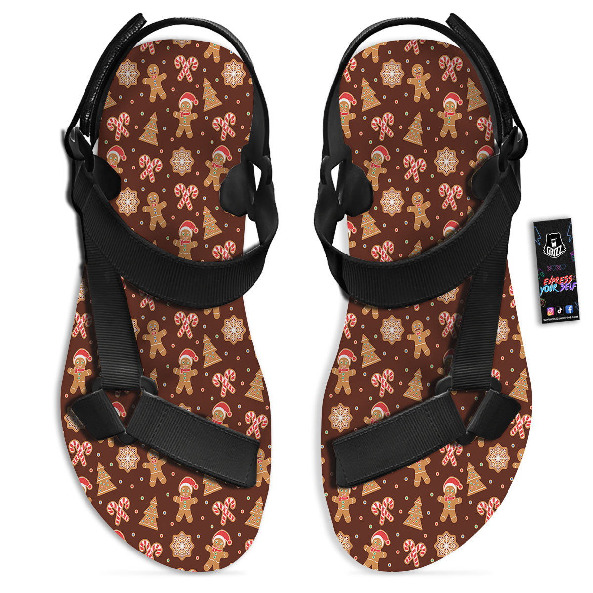 Gingerbread Man Print Pattern Black Open Toe Sandals-grizzshop