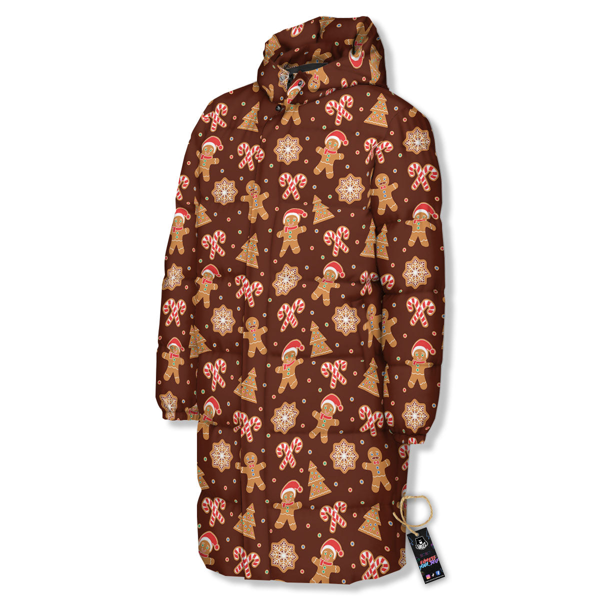 Gingerbread Man Print Pattern Long Down Jacket-grizzshop