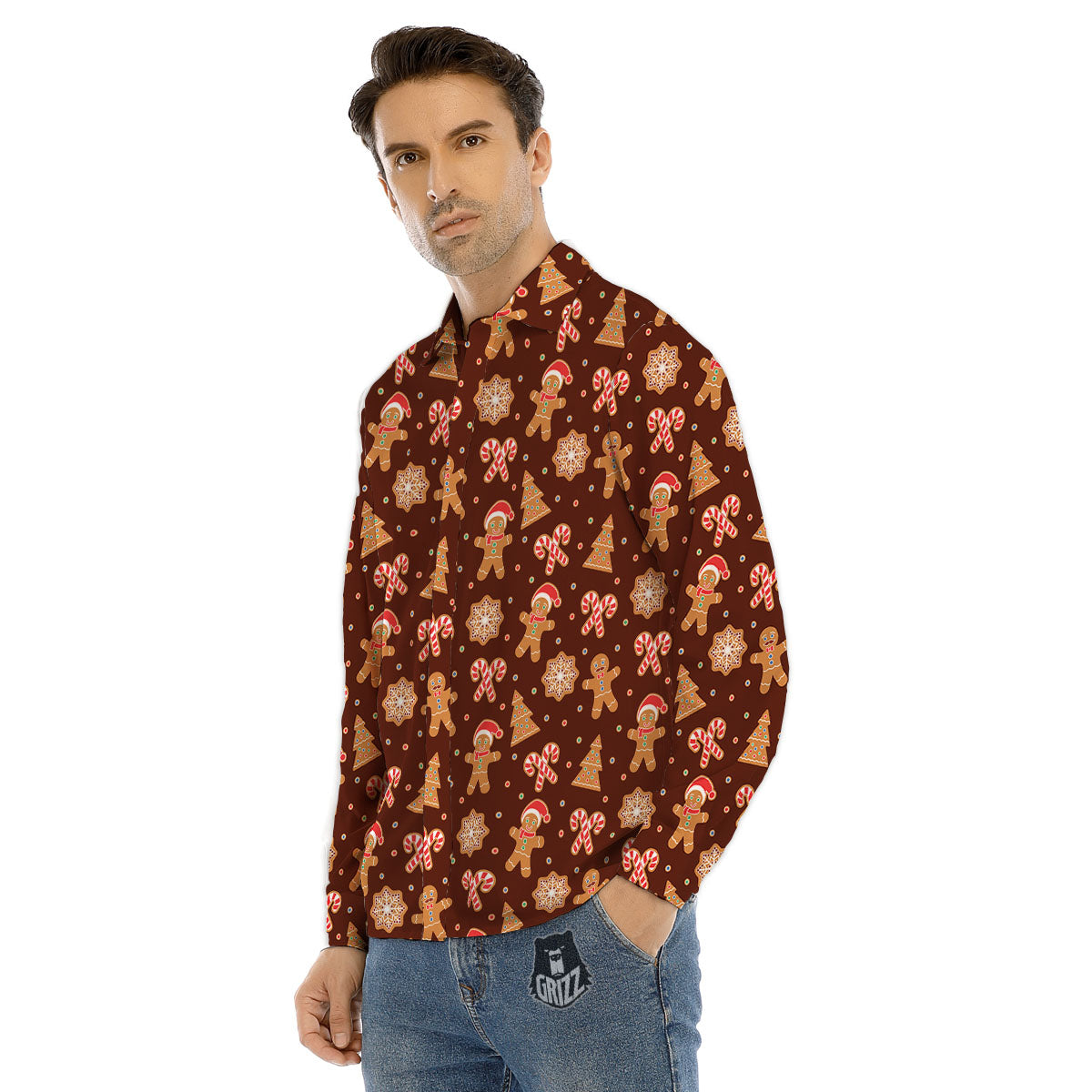 Gingerbread Man Print Pattern Men's Dress Shirts-grizzshop