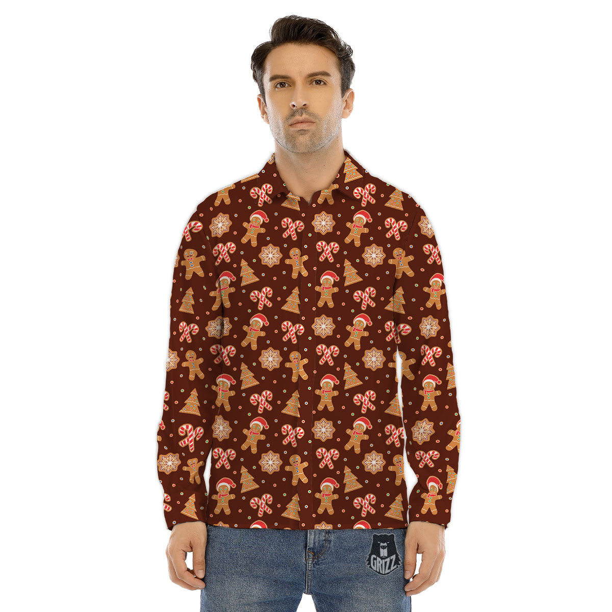 Gingerbread Man Print Pattern Men's Dress Shirts-grizzshop
