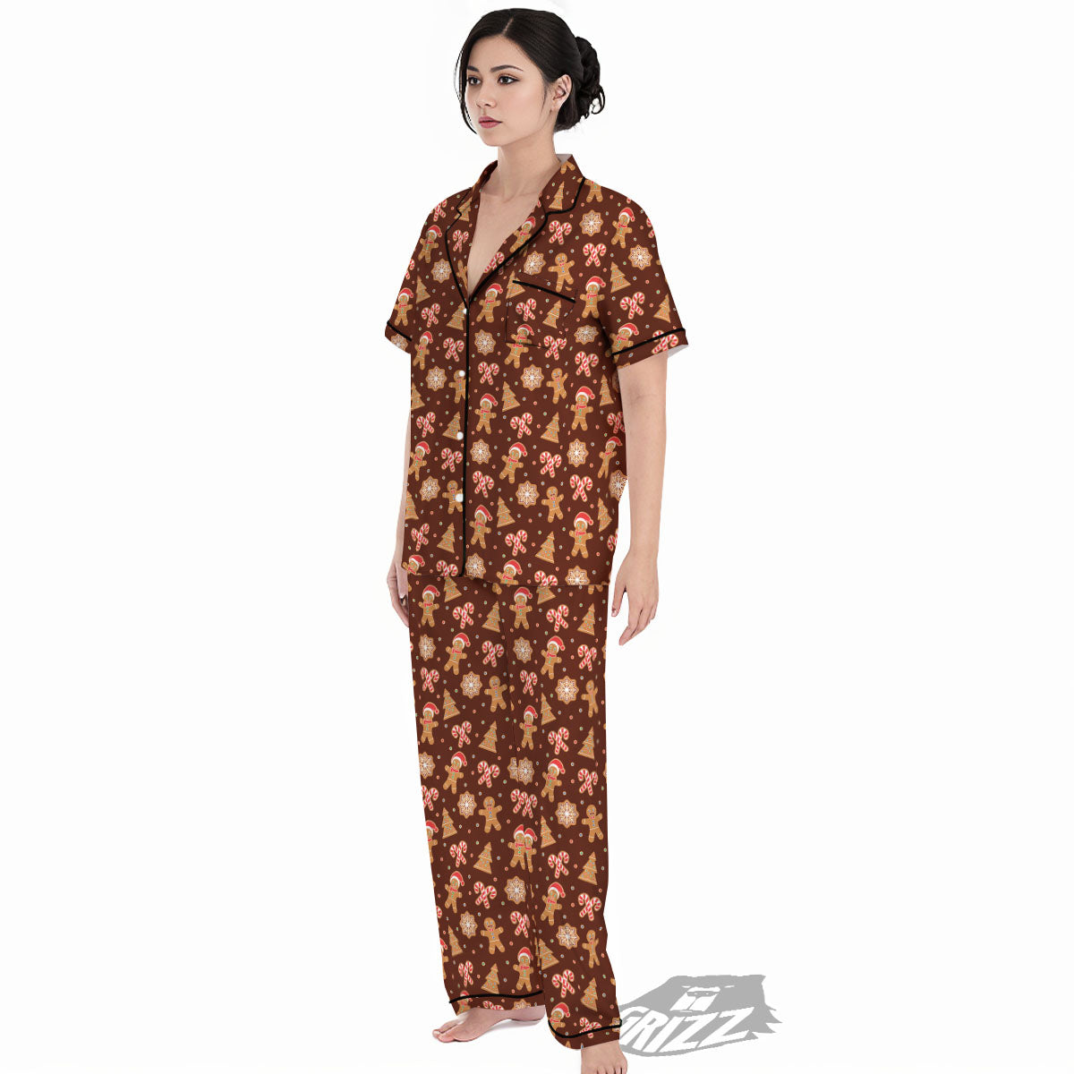 Gingerbread Man Print Pattern Women's Pajamas Set-grizzshop