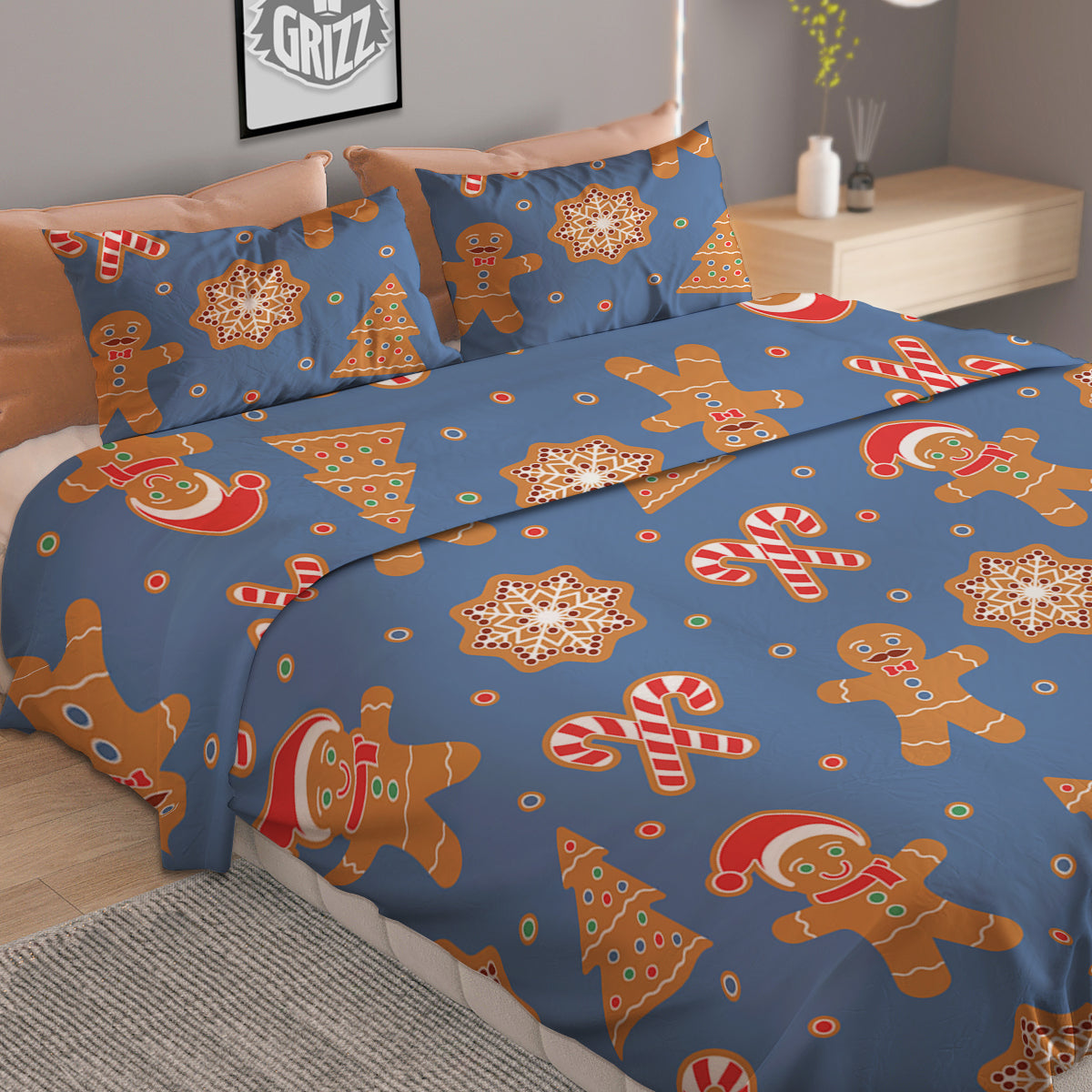 Gingerbread Man Xmas Print Pattern Duvet Cover Bedding Set