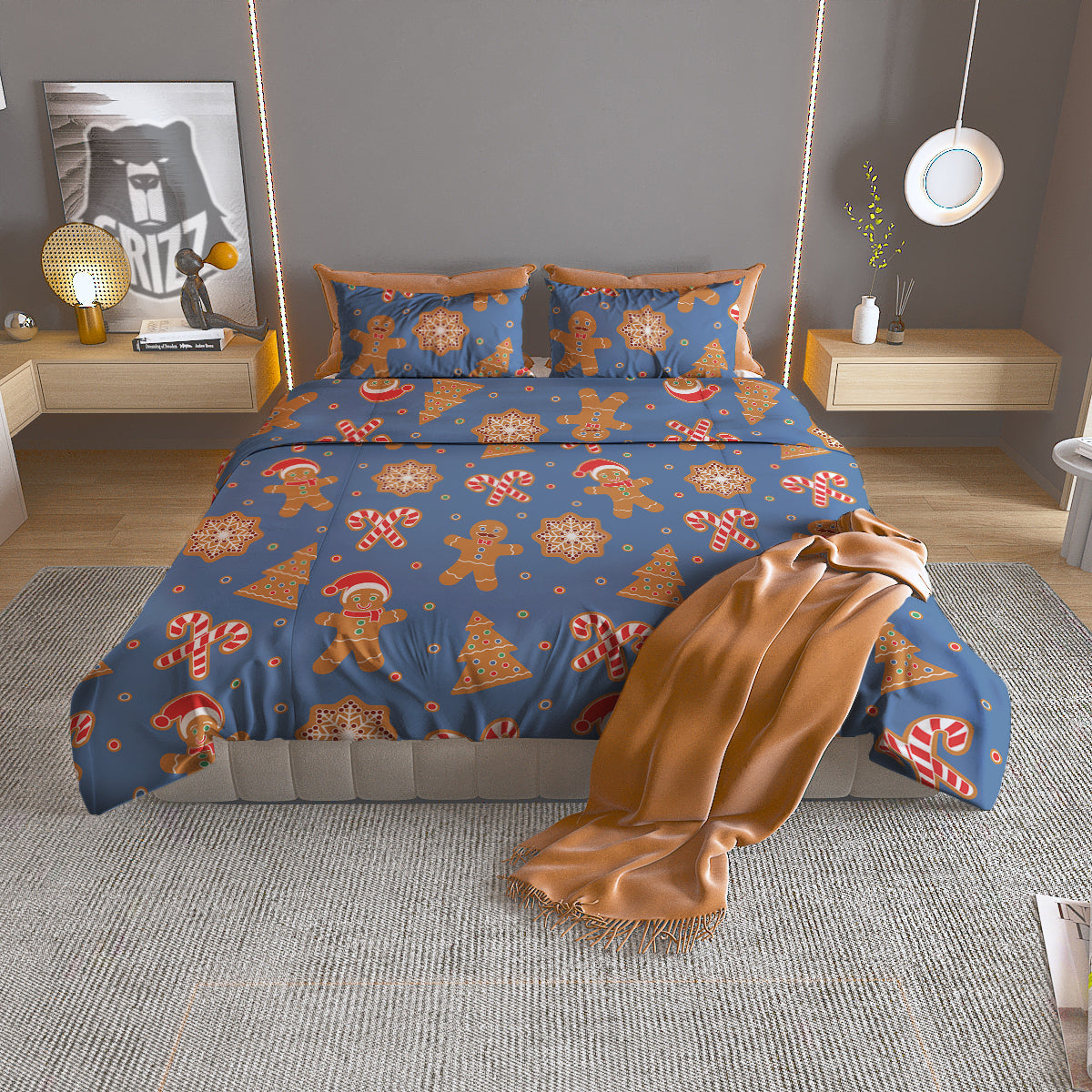 Gingerbread Man Xmas Print Pattern Duvet Cover Bedding Set