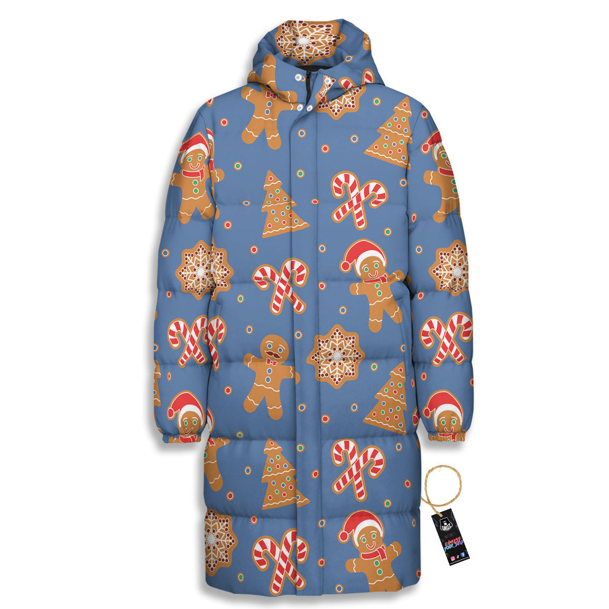 Gingerbread Man Xmas Print Pattern Long Down Jacket-grizzshop