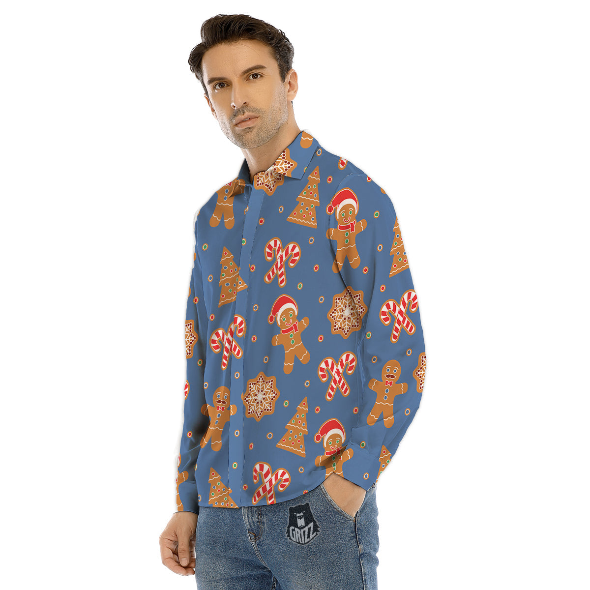 Gingerbread Man Xmas Print Pattern Men's Dress Shirts-grizzshop