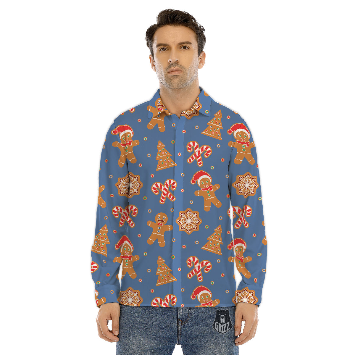 Gingerbread Man Xmas Print Pattern Men's Dress Shirts-grizzshop