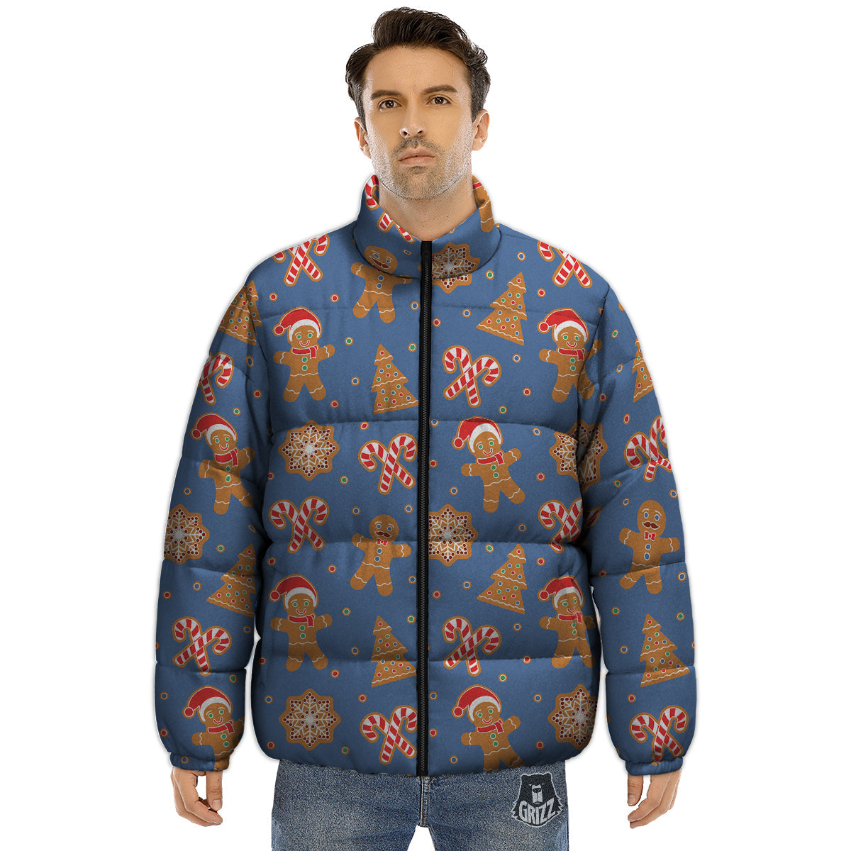 Gingerbread Man Xmas Print Pattern Puffer Jacket-grizzshop